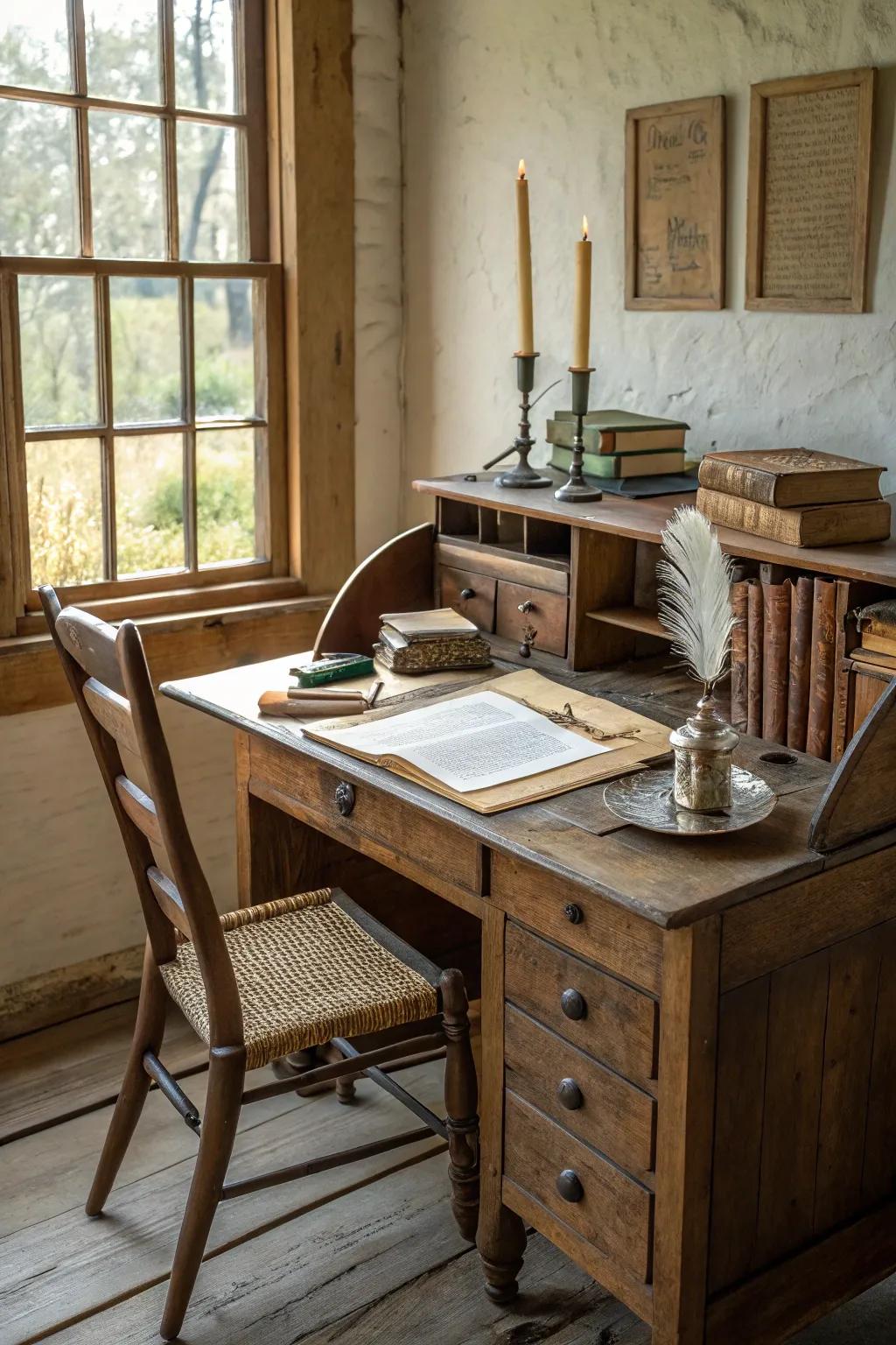 Country-style wood table and chair bring classic charm.