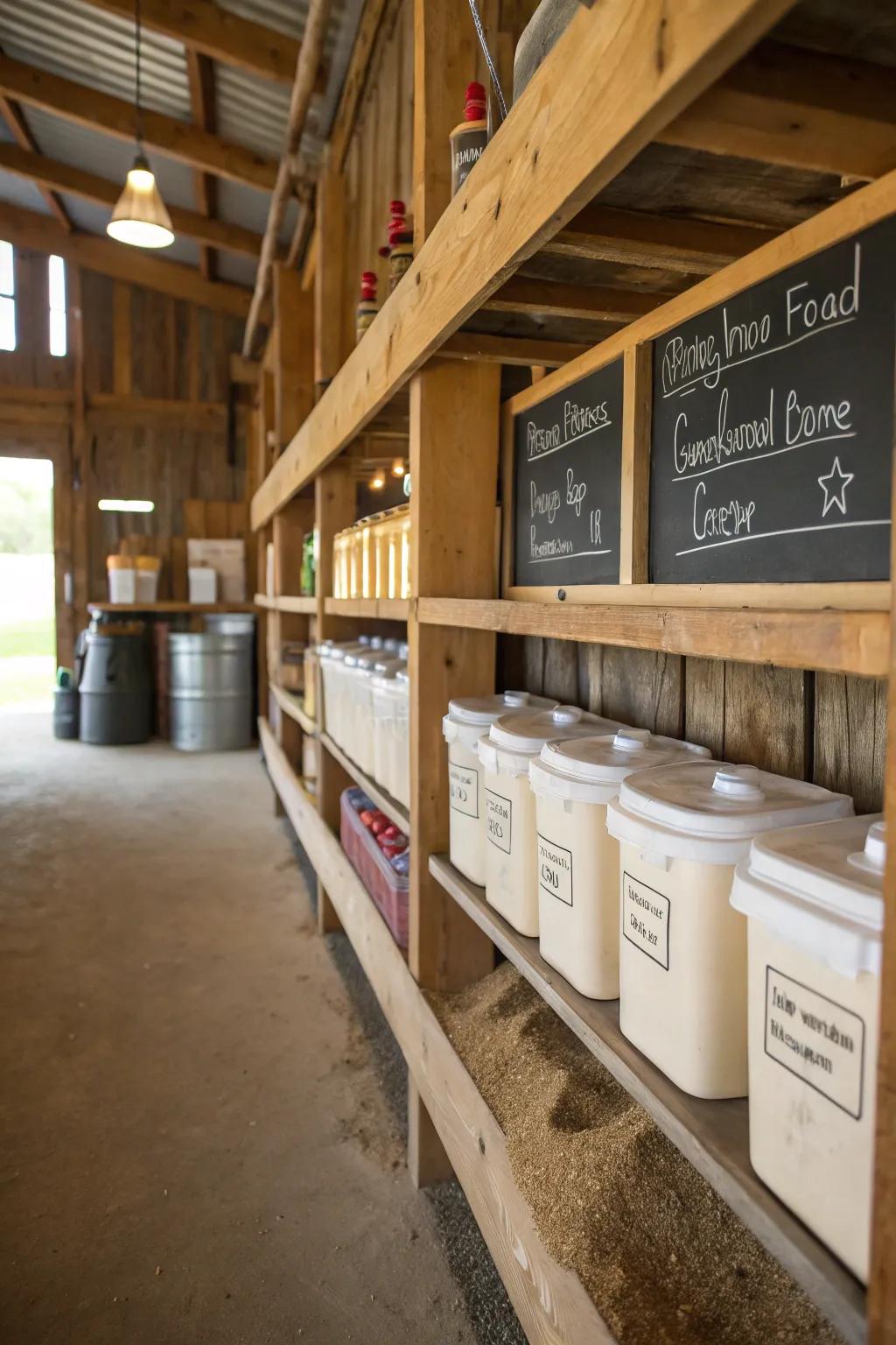 Clear labels make it easy to find what you need in a bustling feed room.