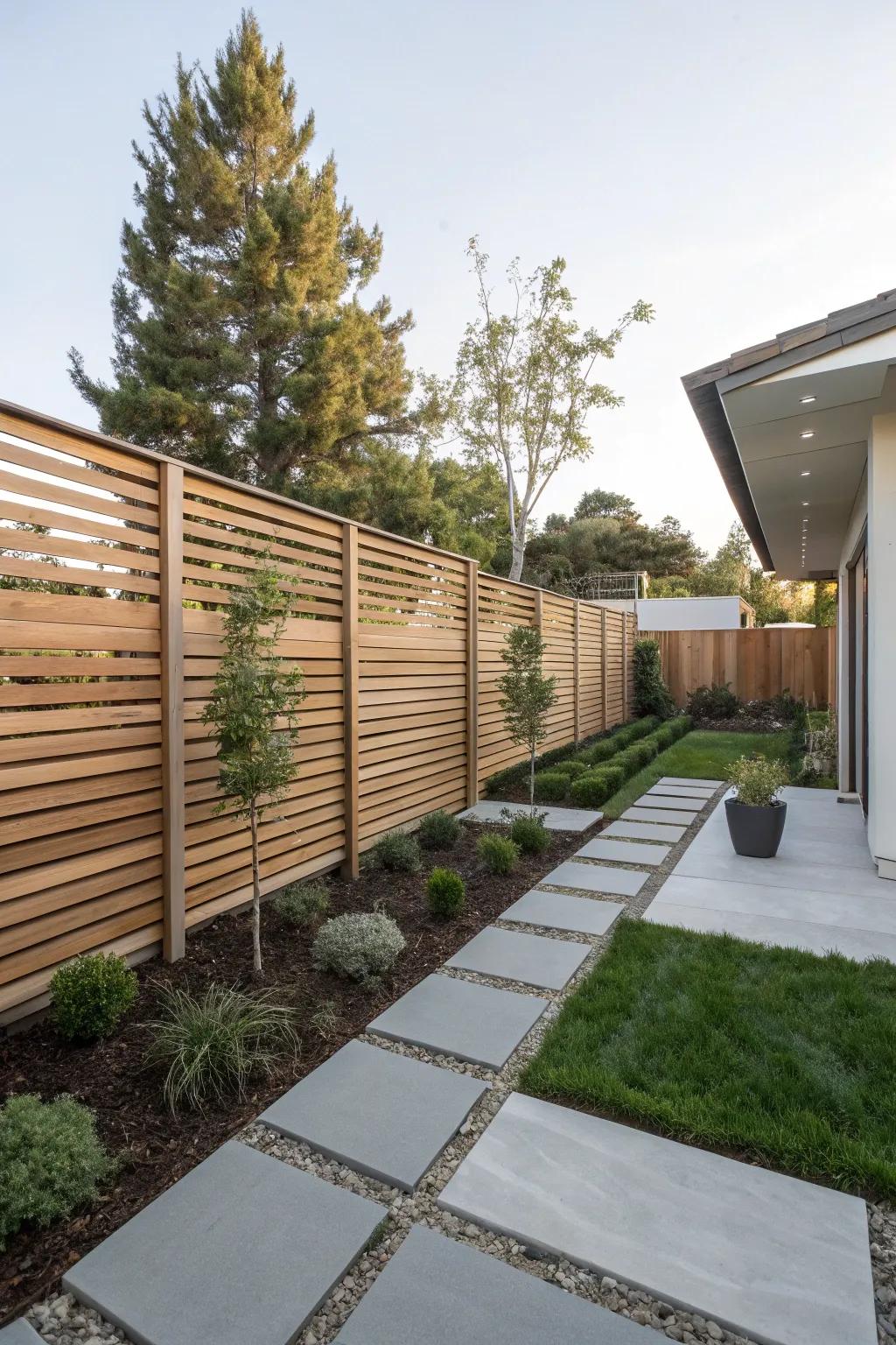 Horizontal wood slat fencing introduces a modern flair to any backyard setting.