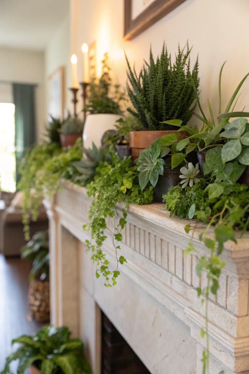 A lively mantel brought to life with verdant plants and greenery.
