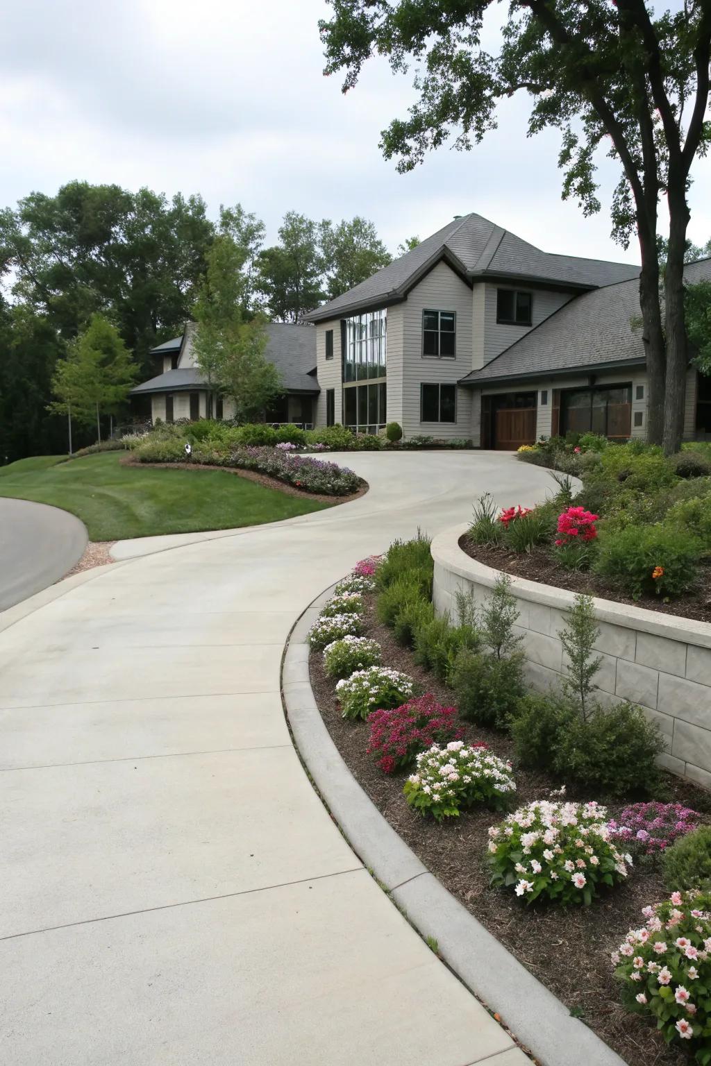 A beautifully curved driveway leading to a modern house, enhanced by lush landscaped borders.