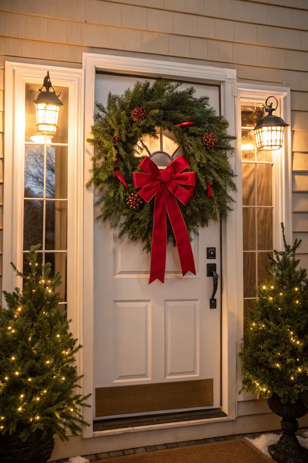 A classic evergreen wreath with a festive red bow.