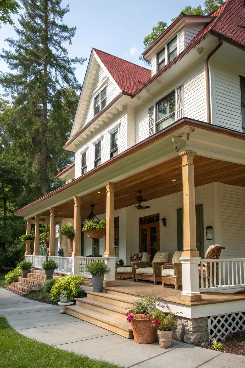 A traditional house with a spacious front porch offering comfort and style.