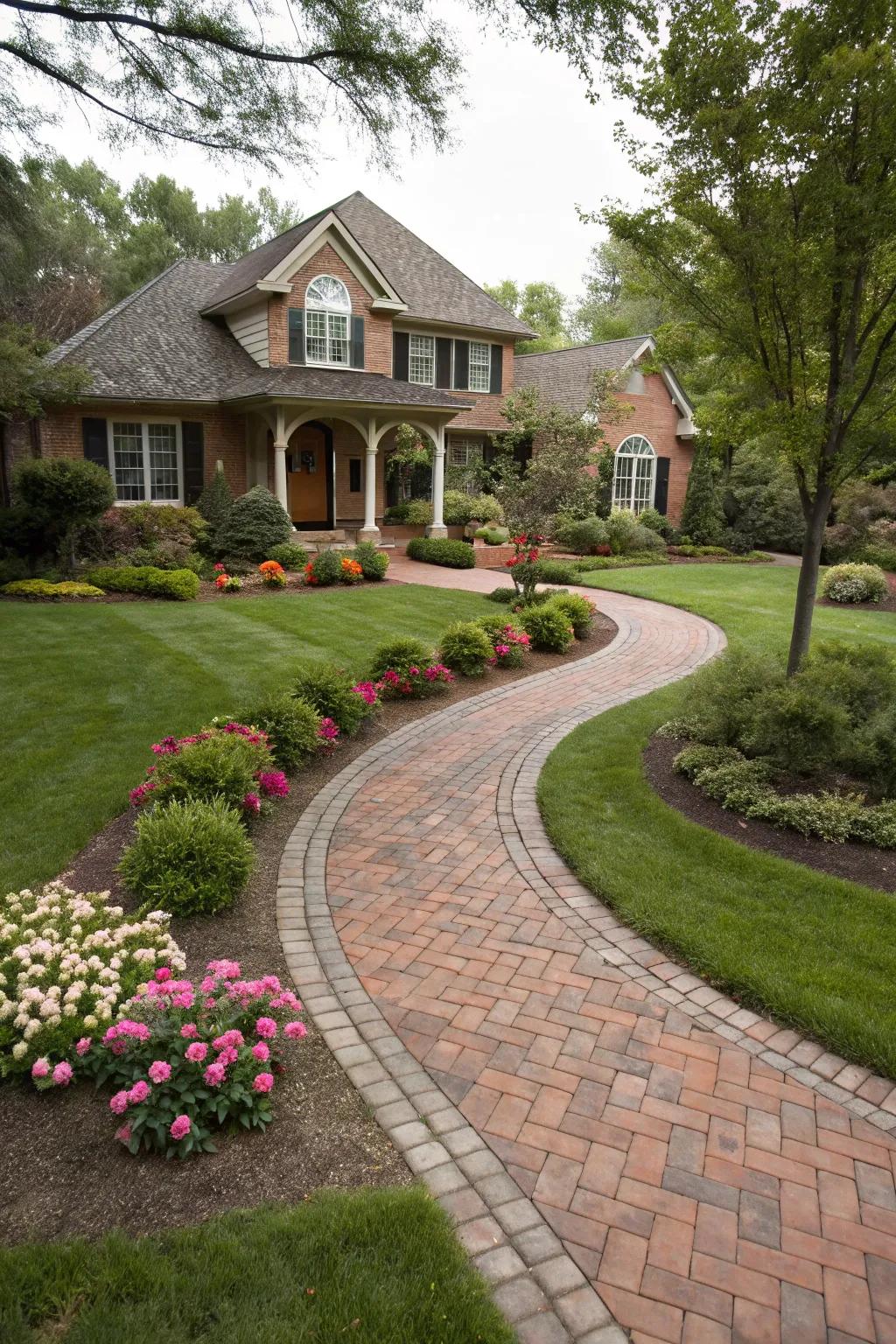 A charming brick pathway meandering through a lush front yard.