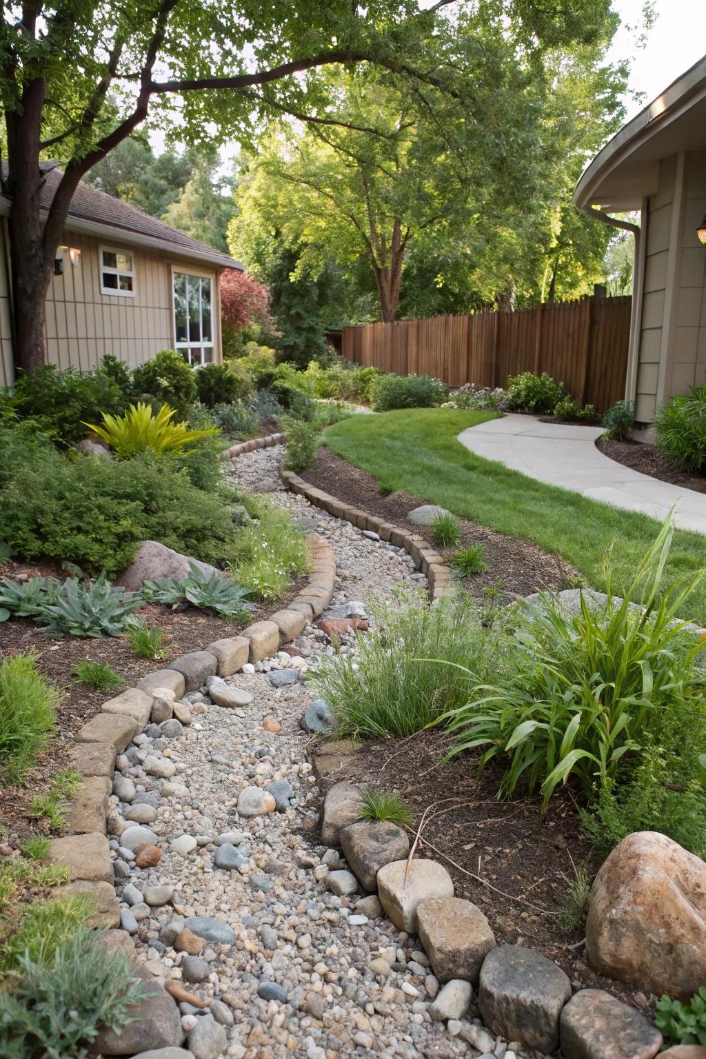 Curved paths in your creek bed bring a natural, flowing look to your landscape.