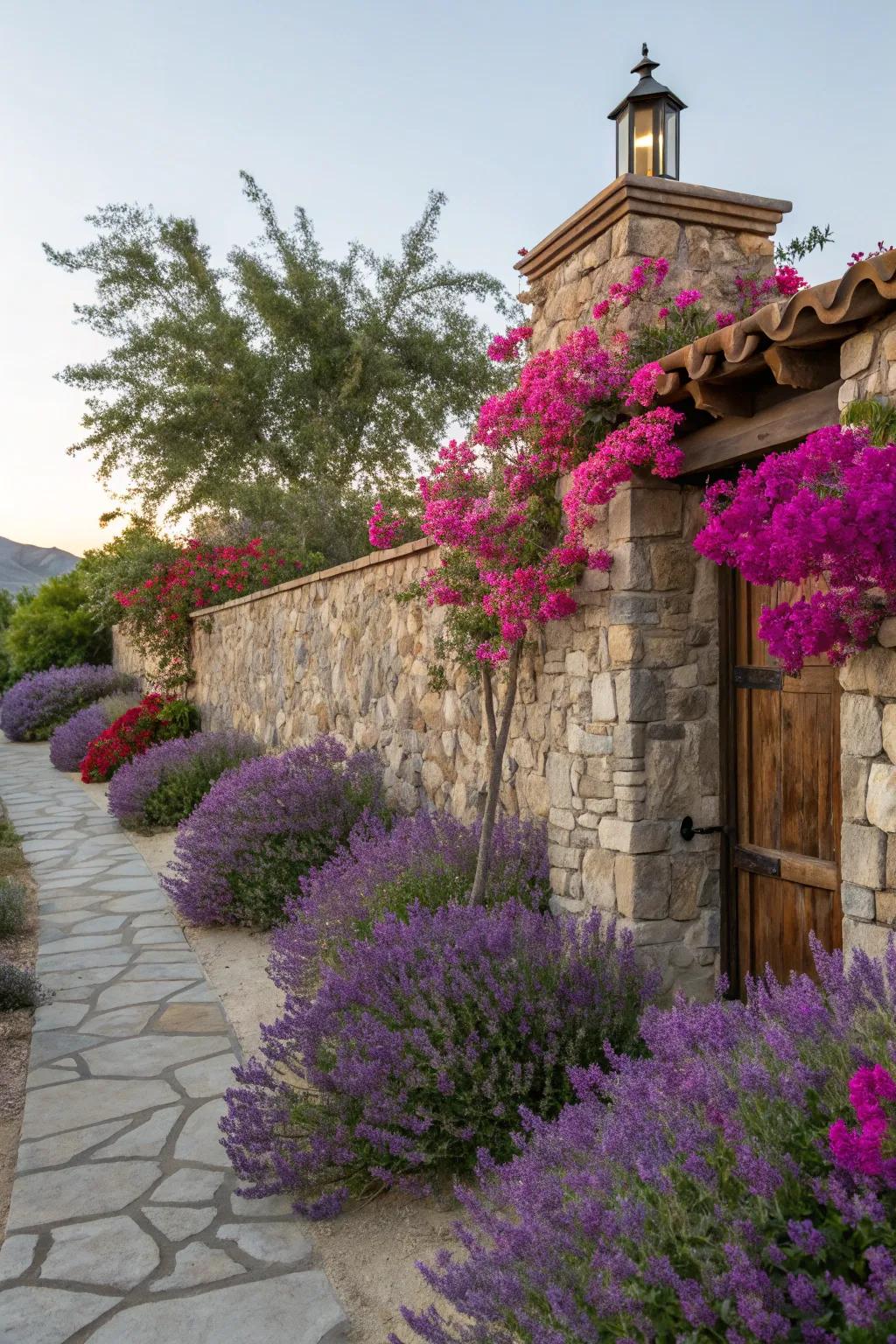 Vibrant lavender and bougainvillea add splashes of color to this Mediterranean landscape.