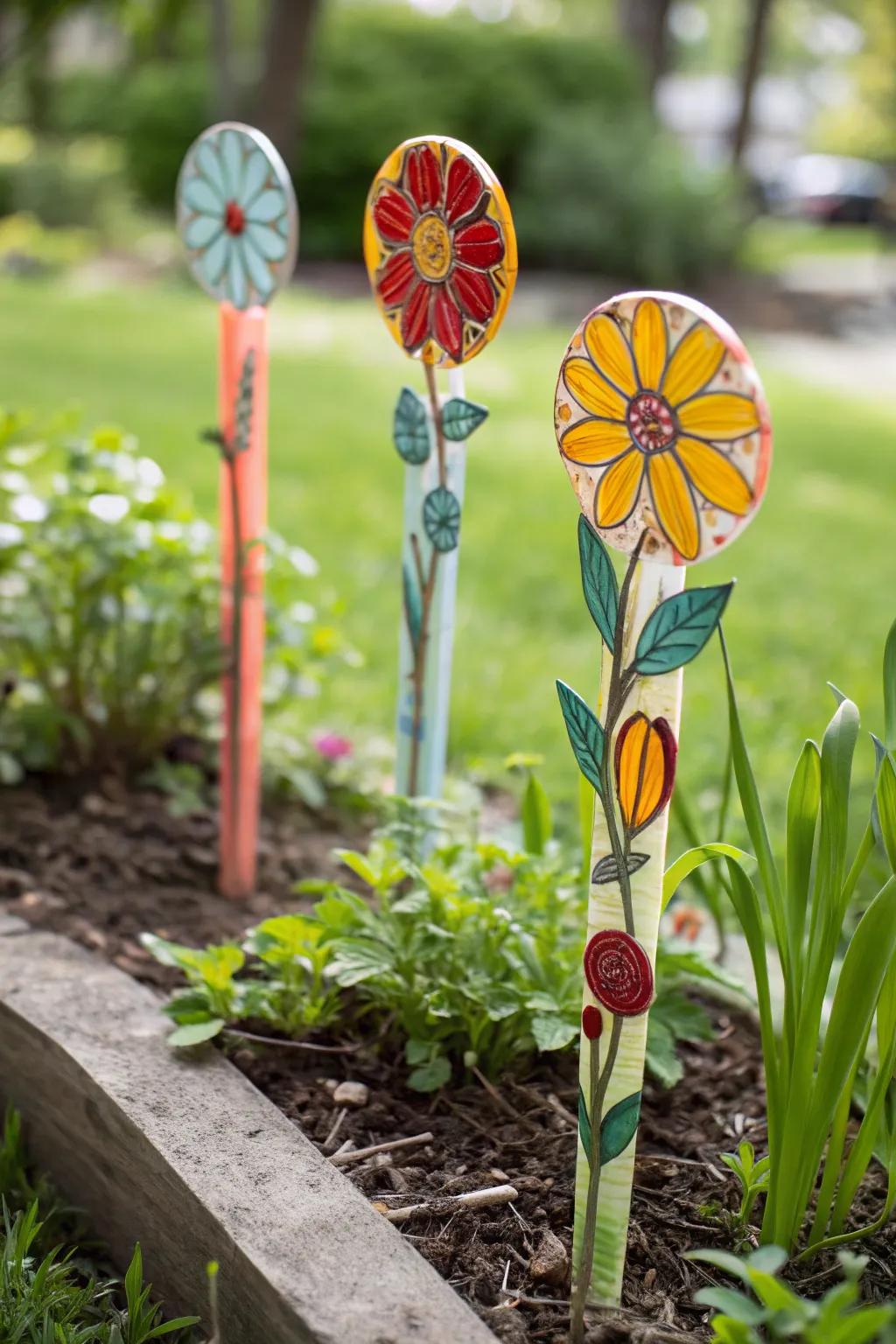 Floral fused glass posts adding a touch of brightness to the garden.