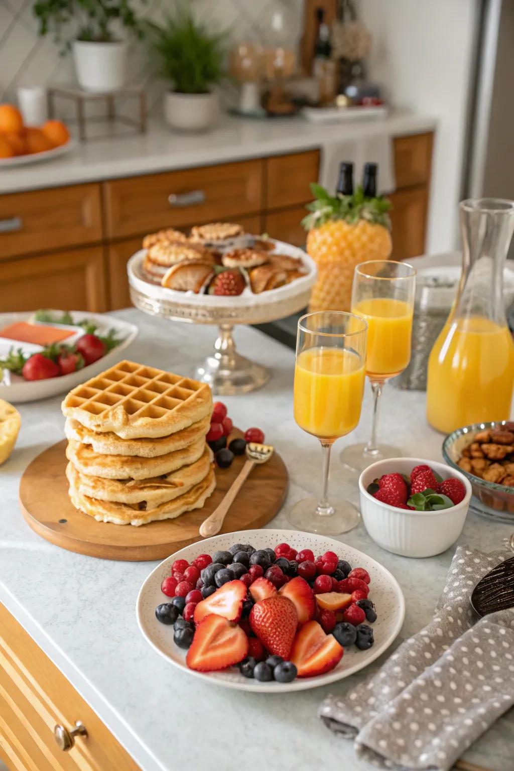 A lively Galentine's Day brunch arrangement featuring a delightful mix of sweet and savory dishes.