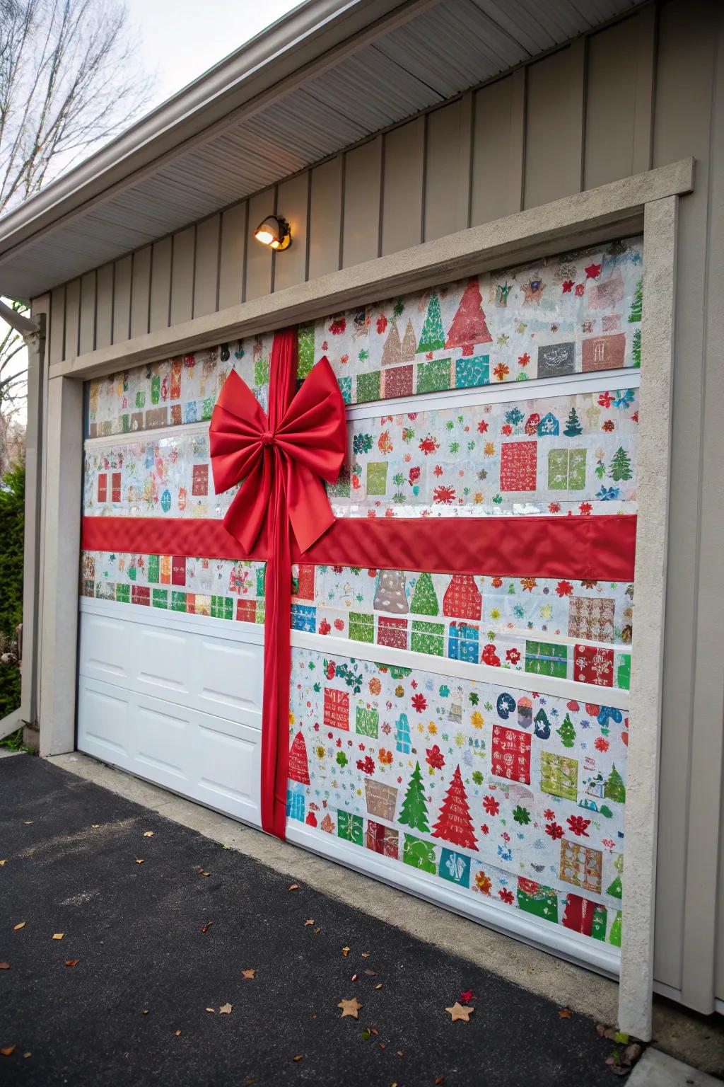 Garage door wrapped to resemble a giant Christmas present, complete with a striking red bow.