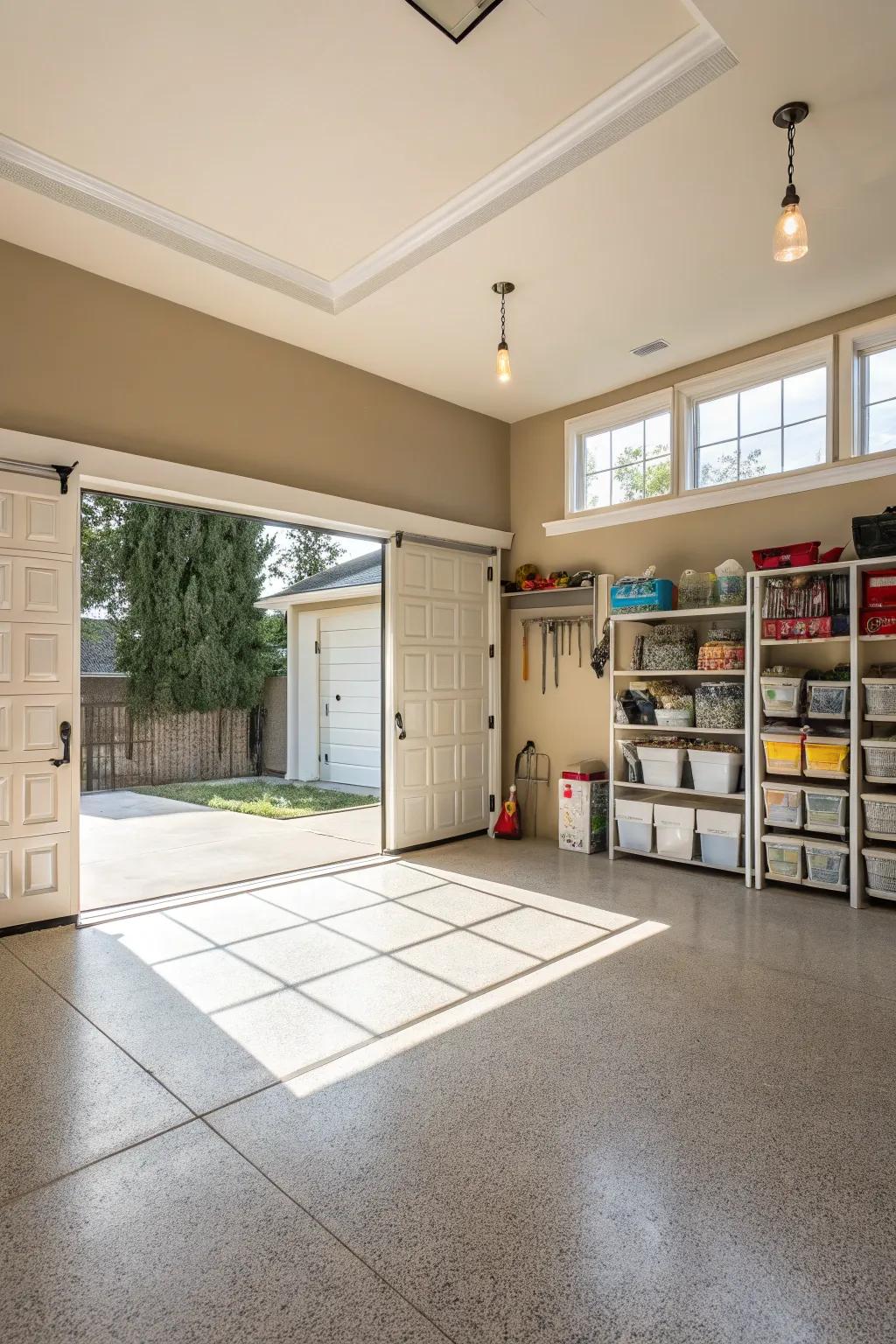 Neutral tones provide a perfect canvas for a clean and airy garage.