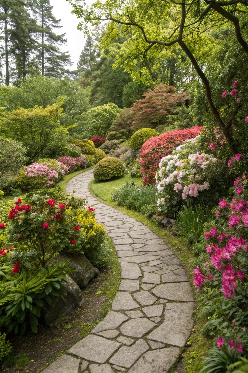 A charming stone pathway winding through a garden filled with vibrant blooms.