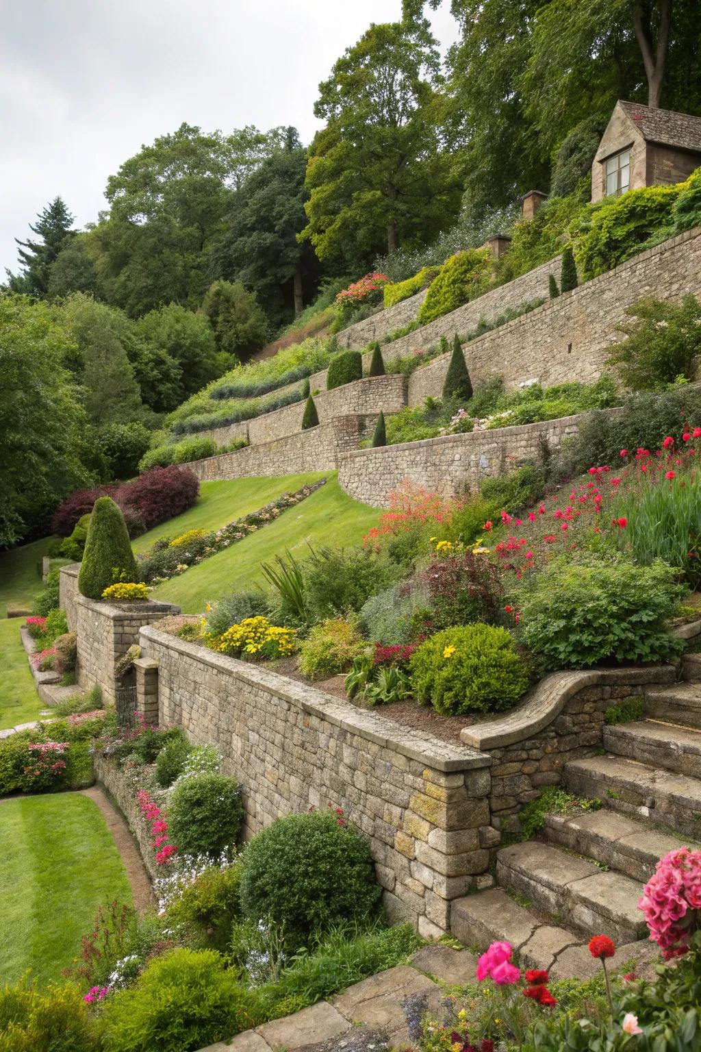 Terraced platforms make a balanced and user-friendly garden on a steep hill.