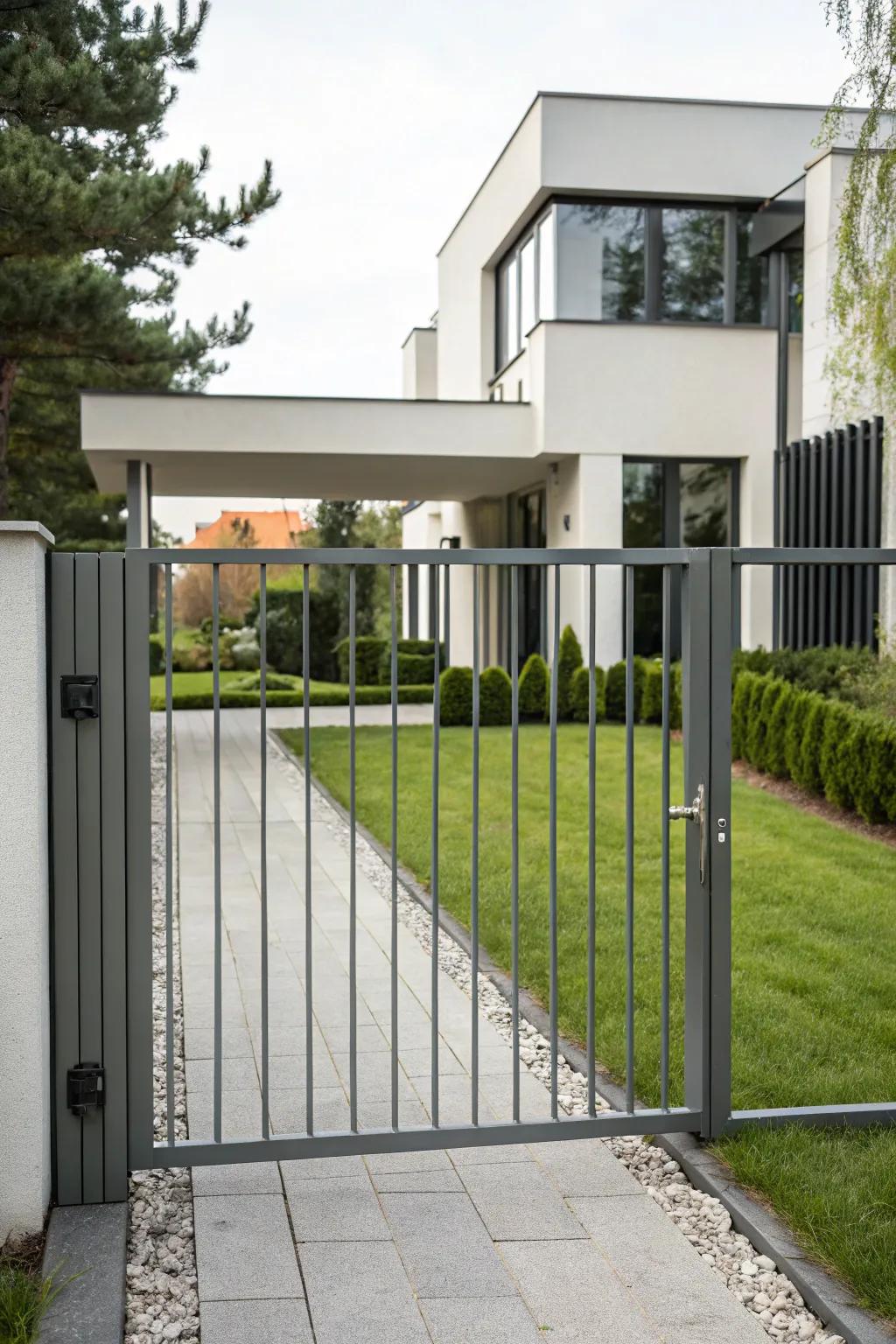 A sleek metal gate offering a modern touch to a contemporary home.