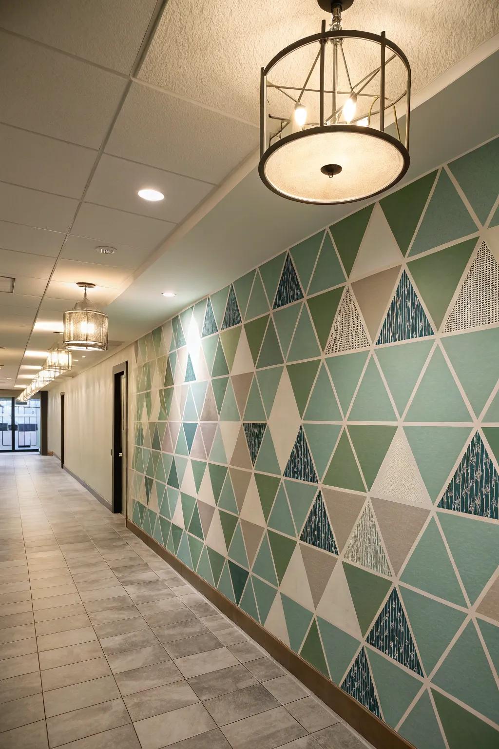 A hallway transformed by a geometric wall with overlapping triangle patterns.