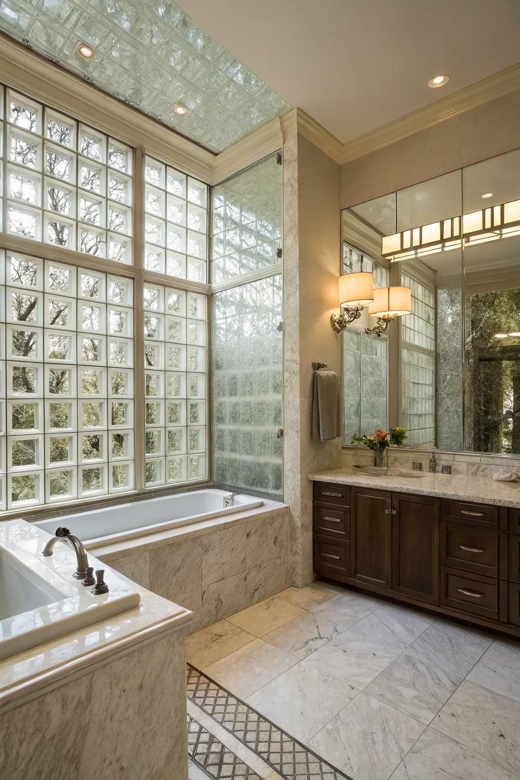 A sophisticated bathroom features a shower wall made of glass blocks, creating a calm, spa-like ambiance.