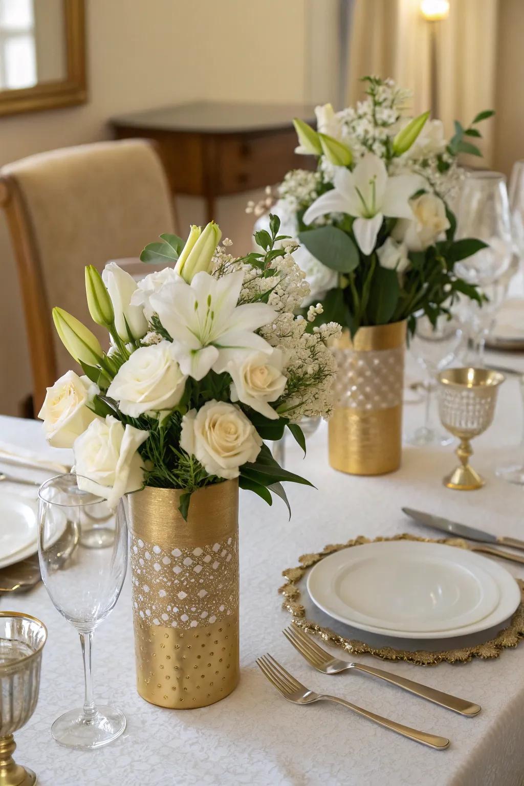 Timeless elegance with gold vases and white florals.