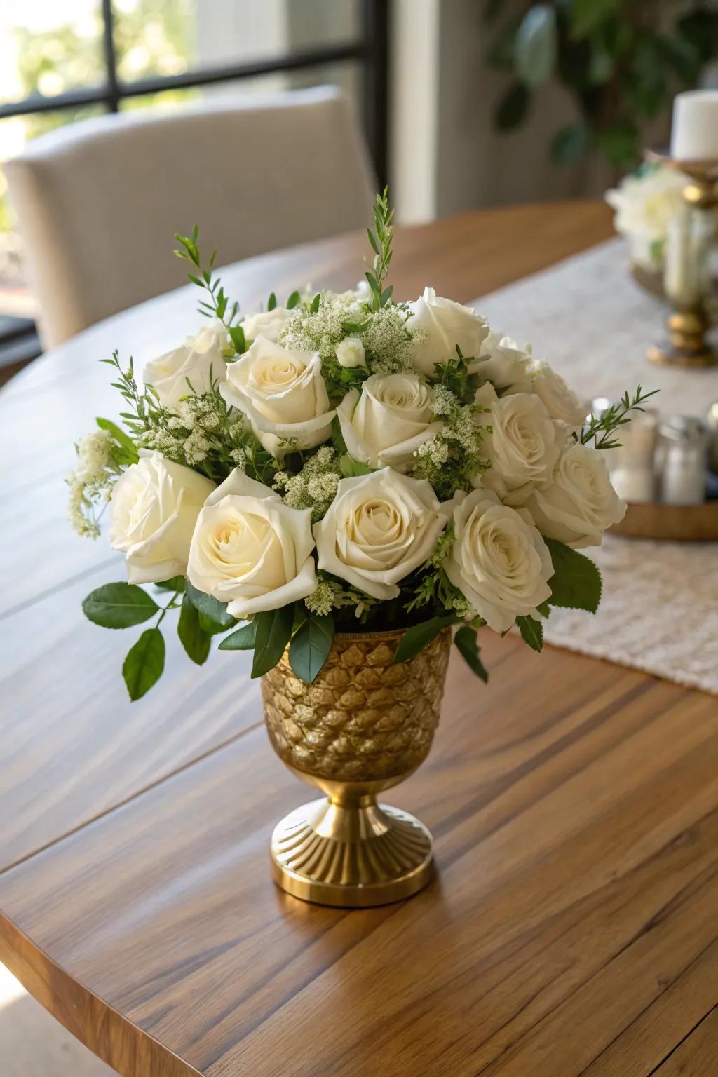 A classic gilded vase highlighted with sophisticated ivory roses.