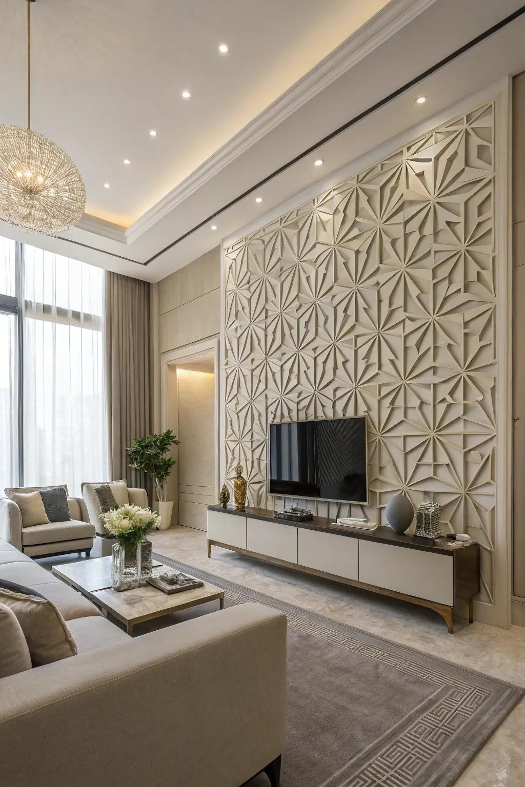 A modern living space showcasing geometric wall decorations.
