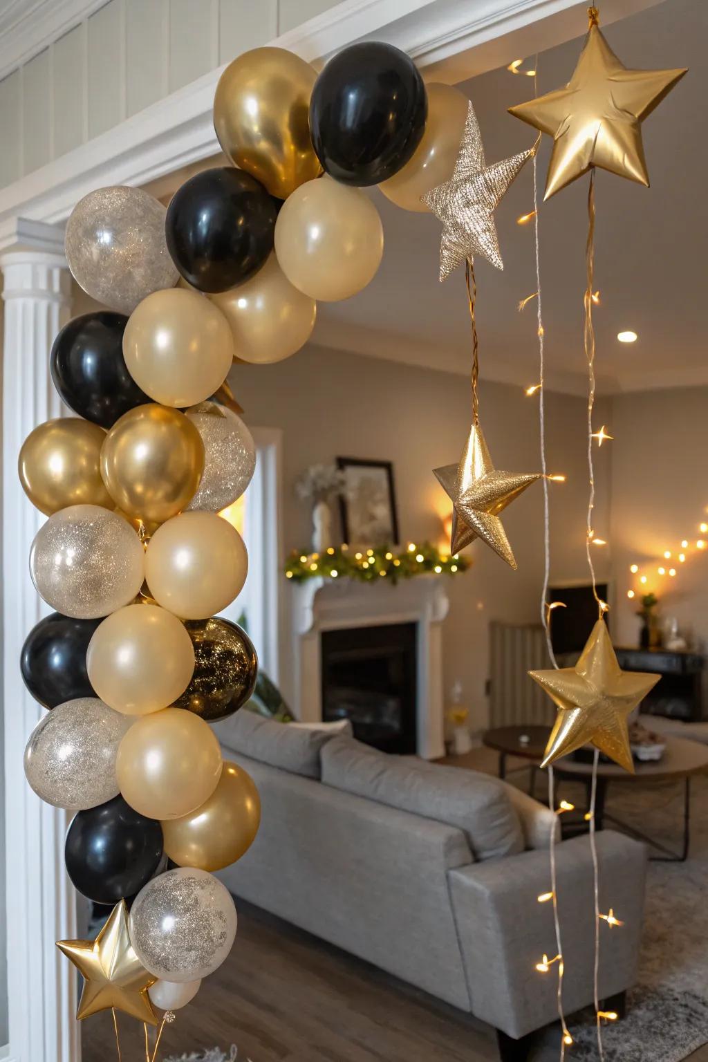 Timeless elegance with a gold and black balloon garland.