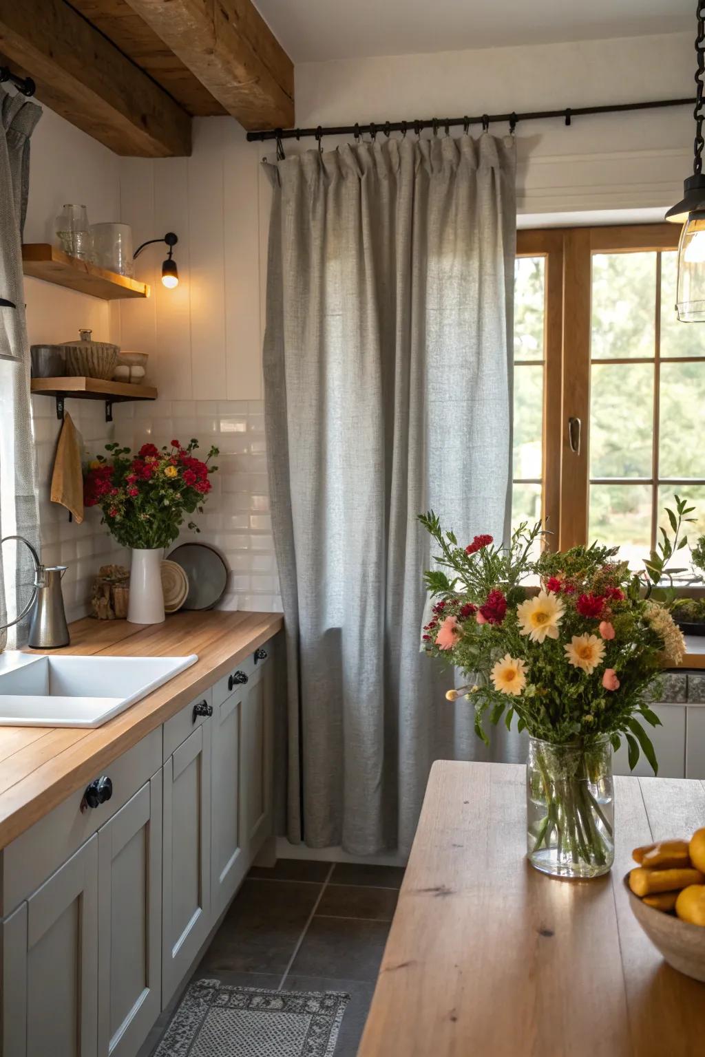 Classic gray linen curtains bring elegance and light into the kitchen.