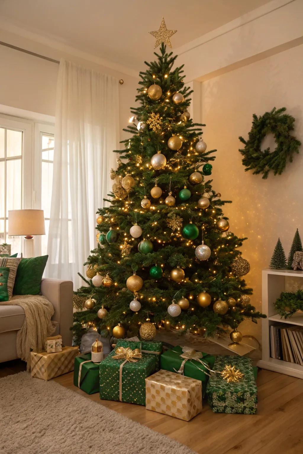 Classic green and gold ornaments on a Christmas tree