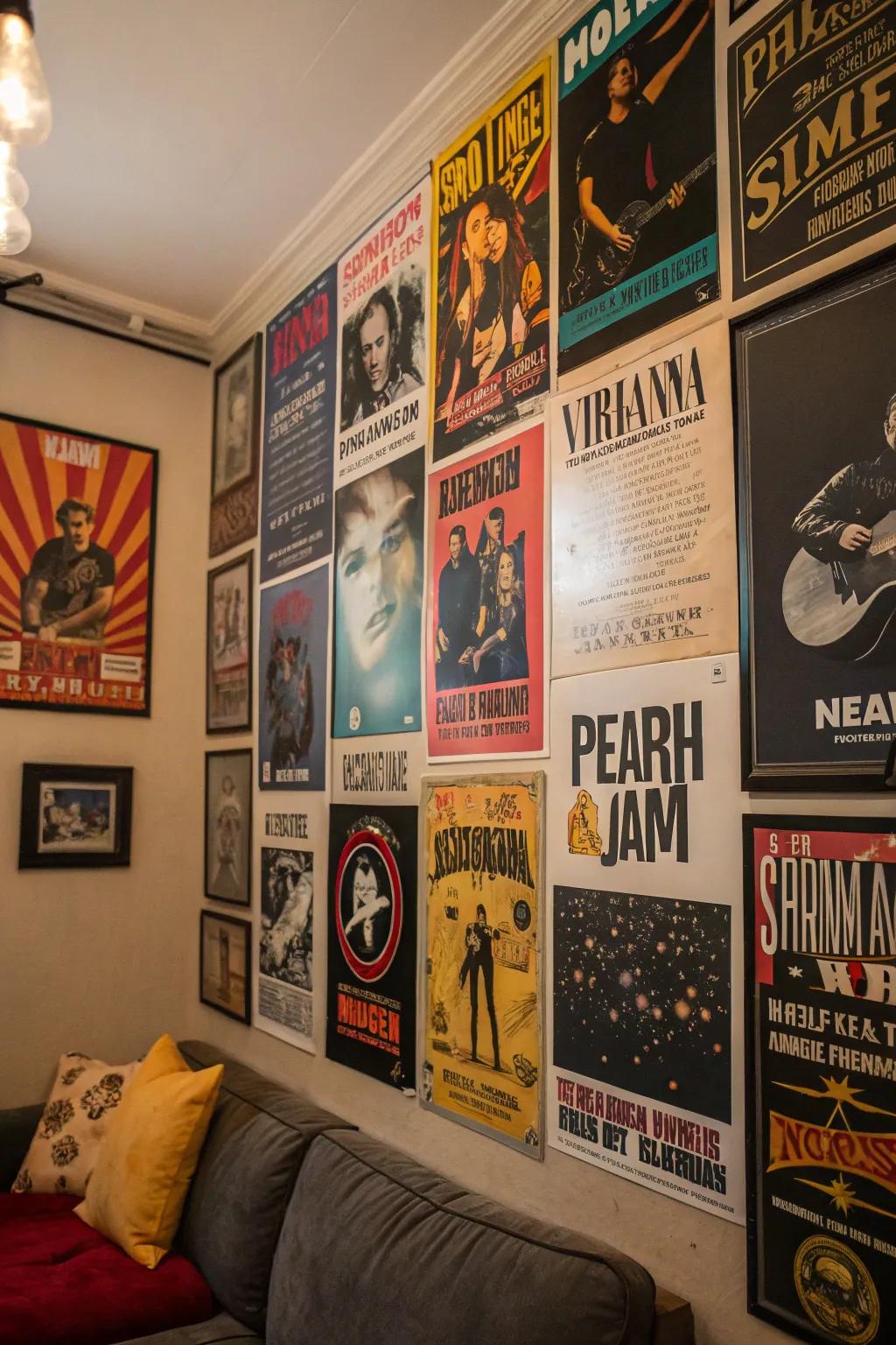 A wall showcasing legendary band posters instantly introduces individuality and an audacious vibe.
