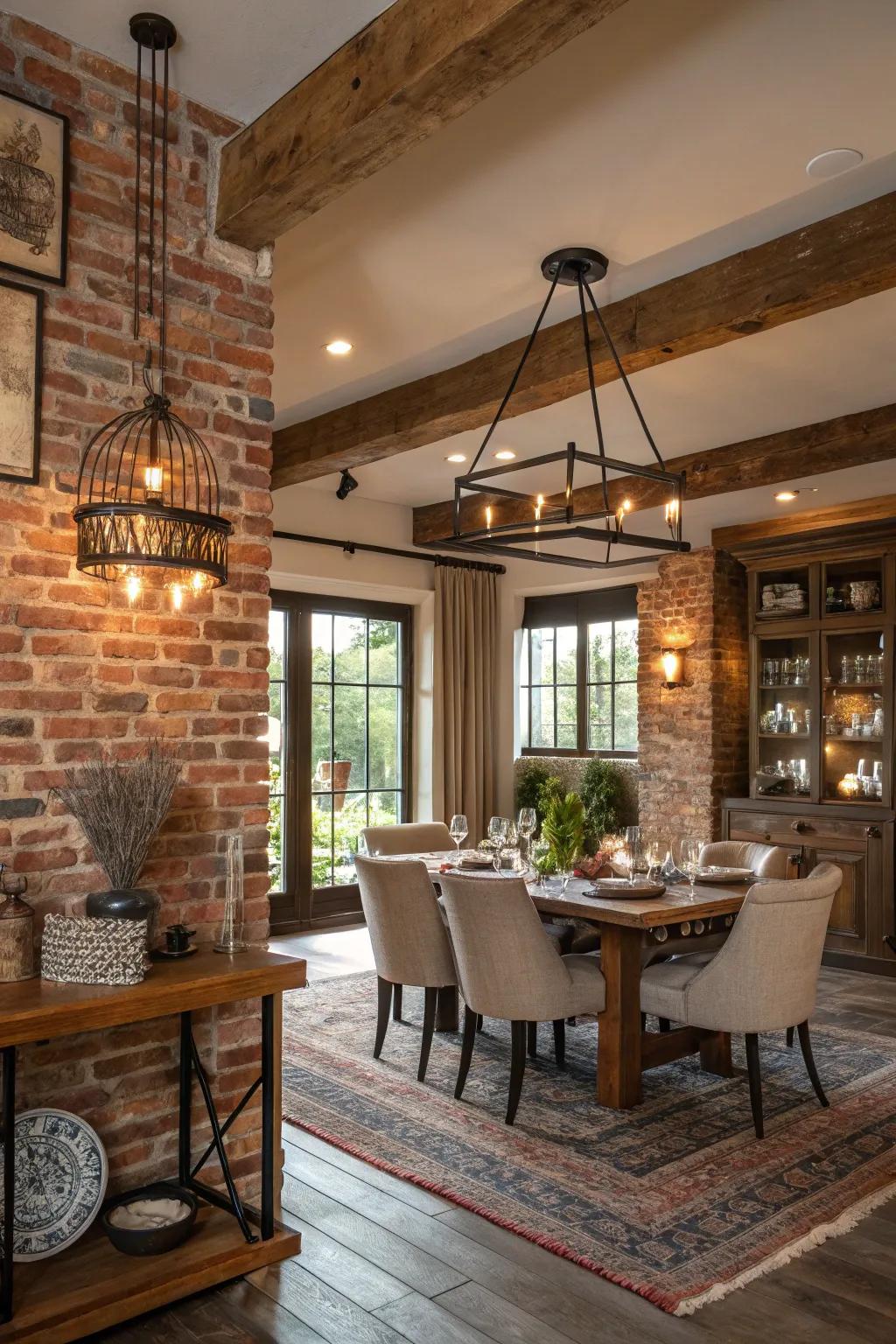 A rustic dining area with a half brick wall, perfect for cozy gatherings.