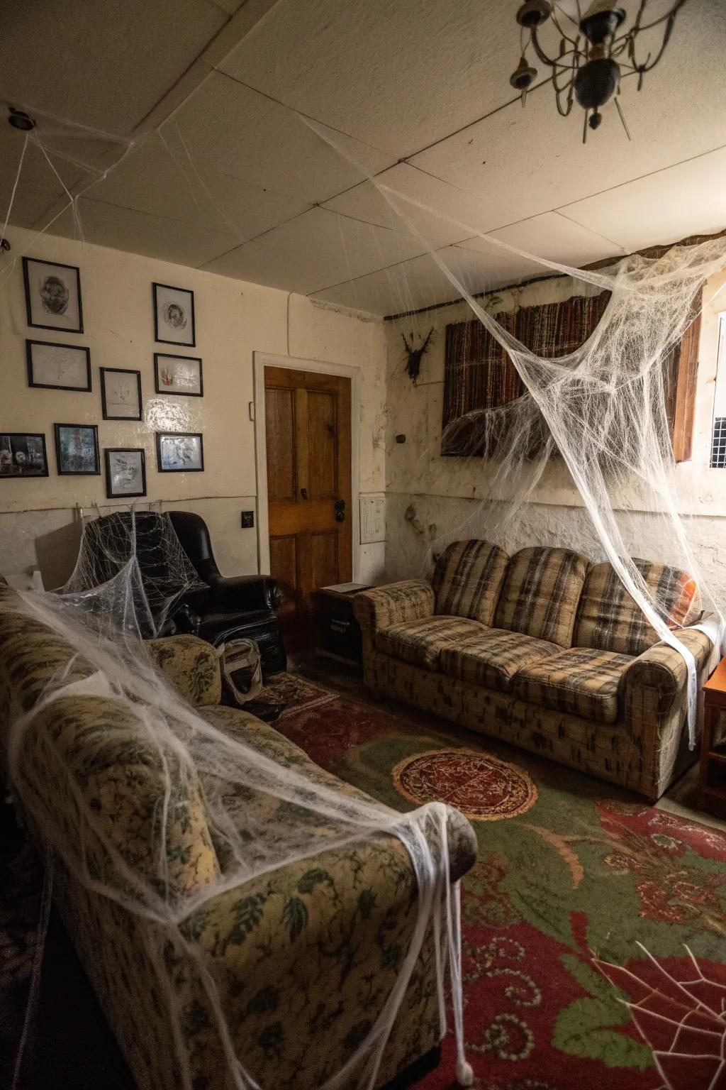 Cobwebs hung across a living space to create a quintessential haunted house feel