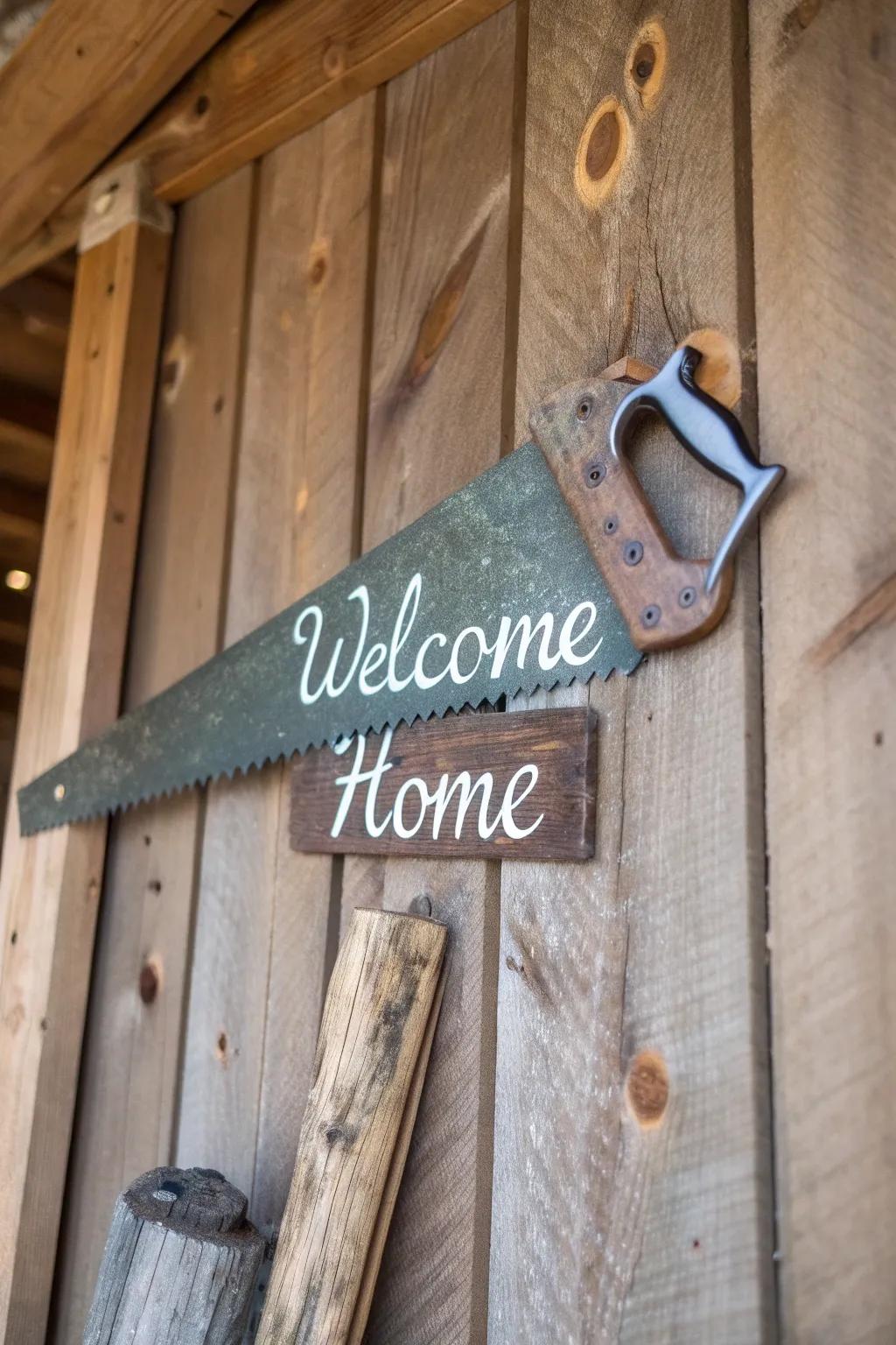 A vintage handsaw creatively repurposed as a welcome sign.