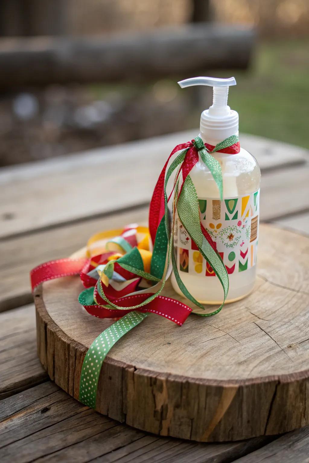 Hand soap wrapped in vibrant ribbons for a festive touch.