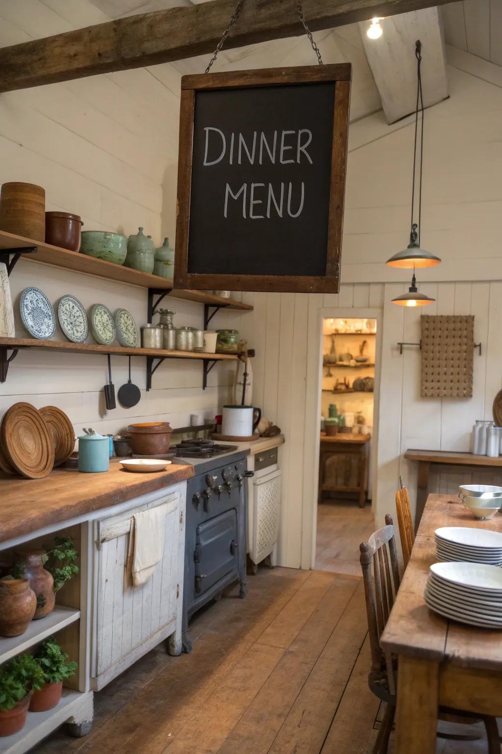 A chalkboard sign becomes a canvas for creativity in this inviting kitchen space.