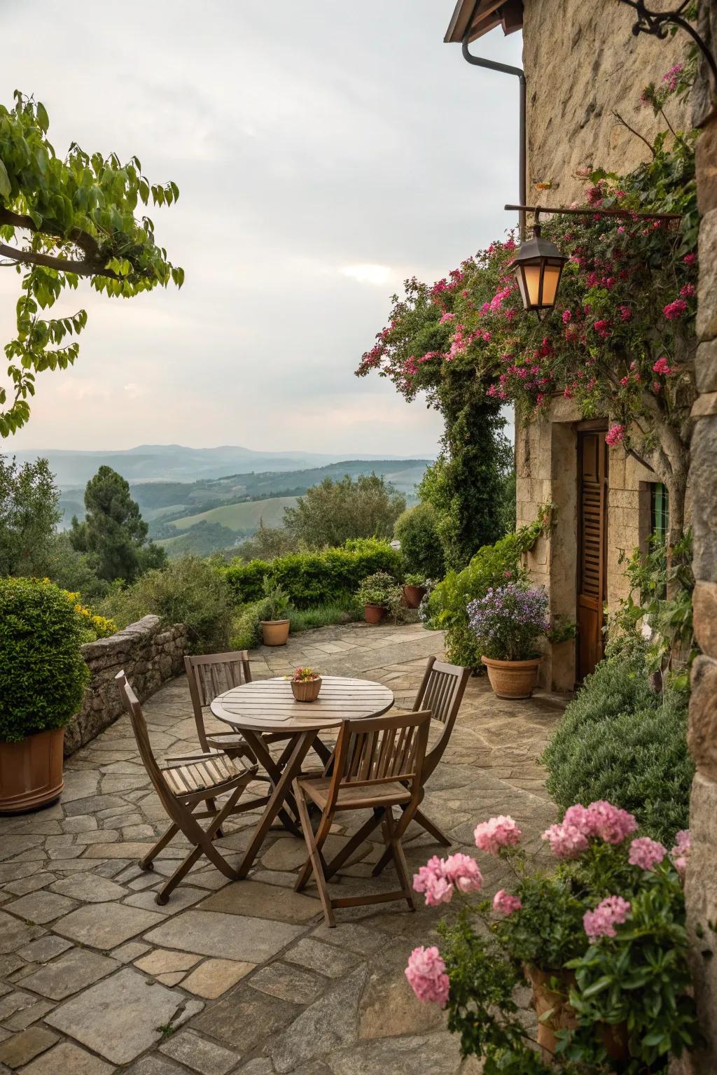 A charming stone patio provides a perfect spot for relaxation.