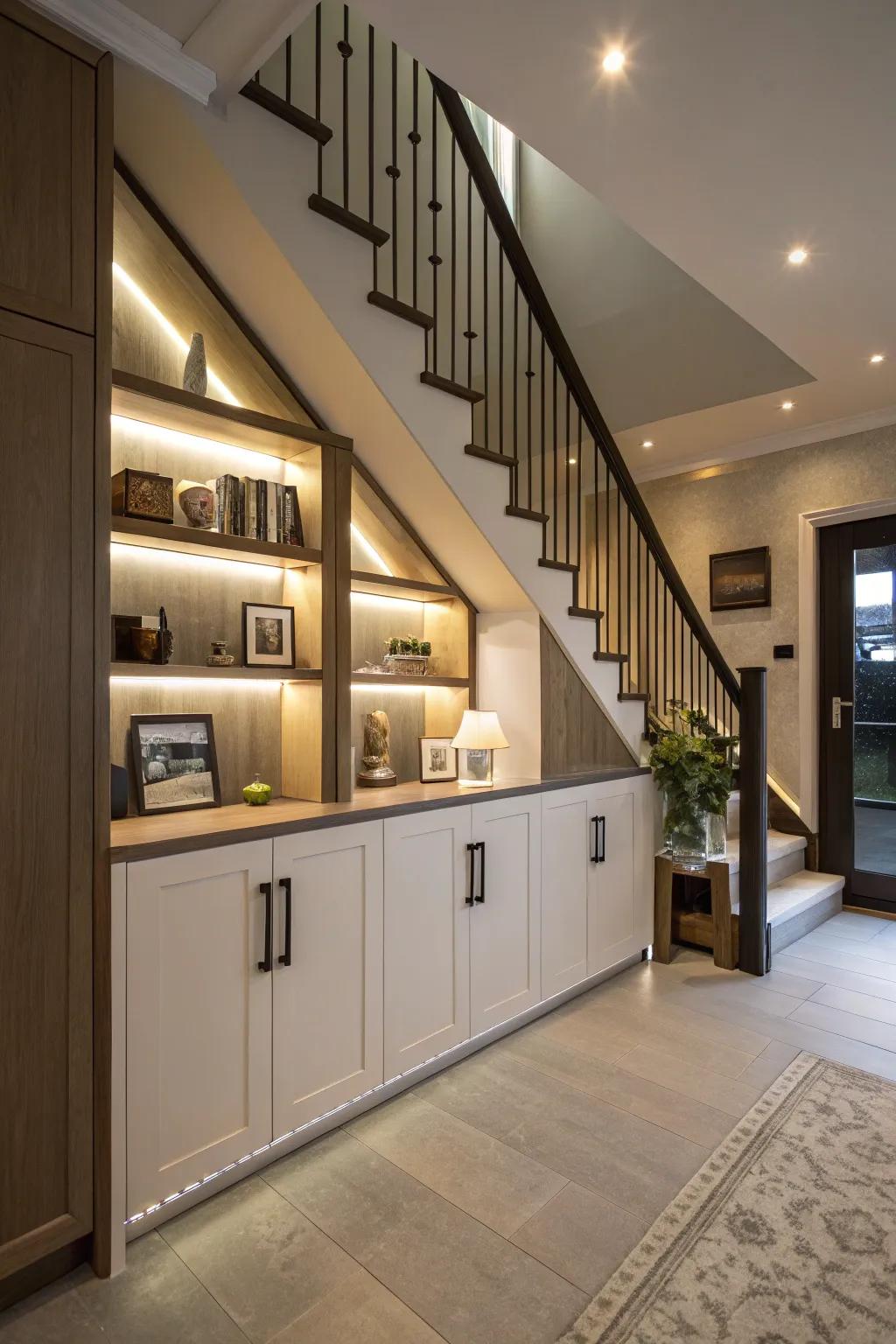 Custom cabinets under stairs, creating a stylish hidden bar.