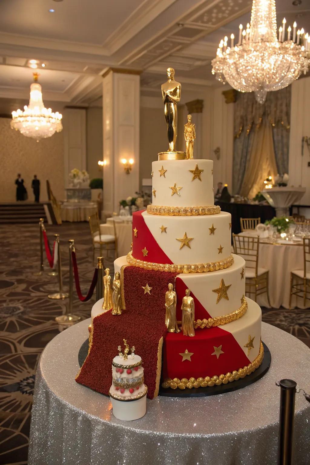 A cake with a dramatic red carpet effect, perfect for a Hollywood-themed event.