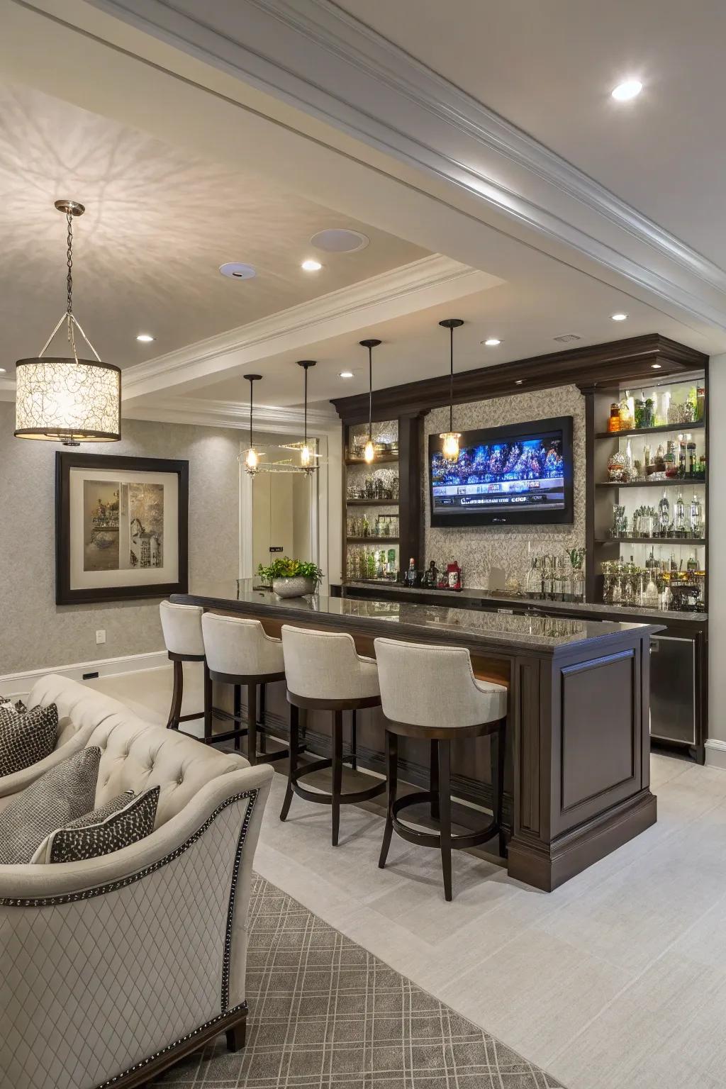 A well-placed TV above the bar creates a seamless viewing experience.