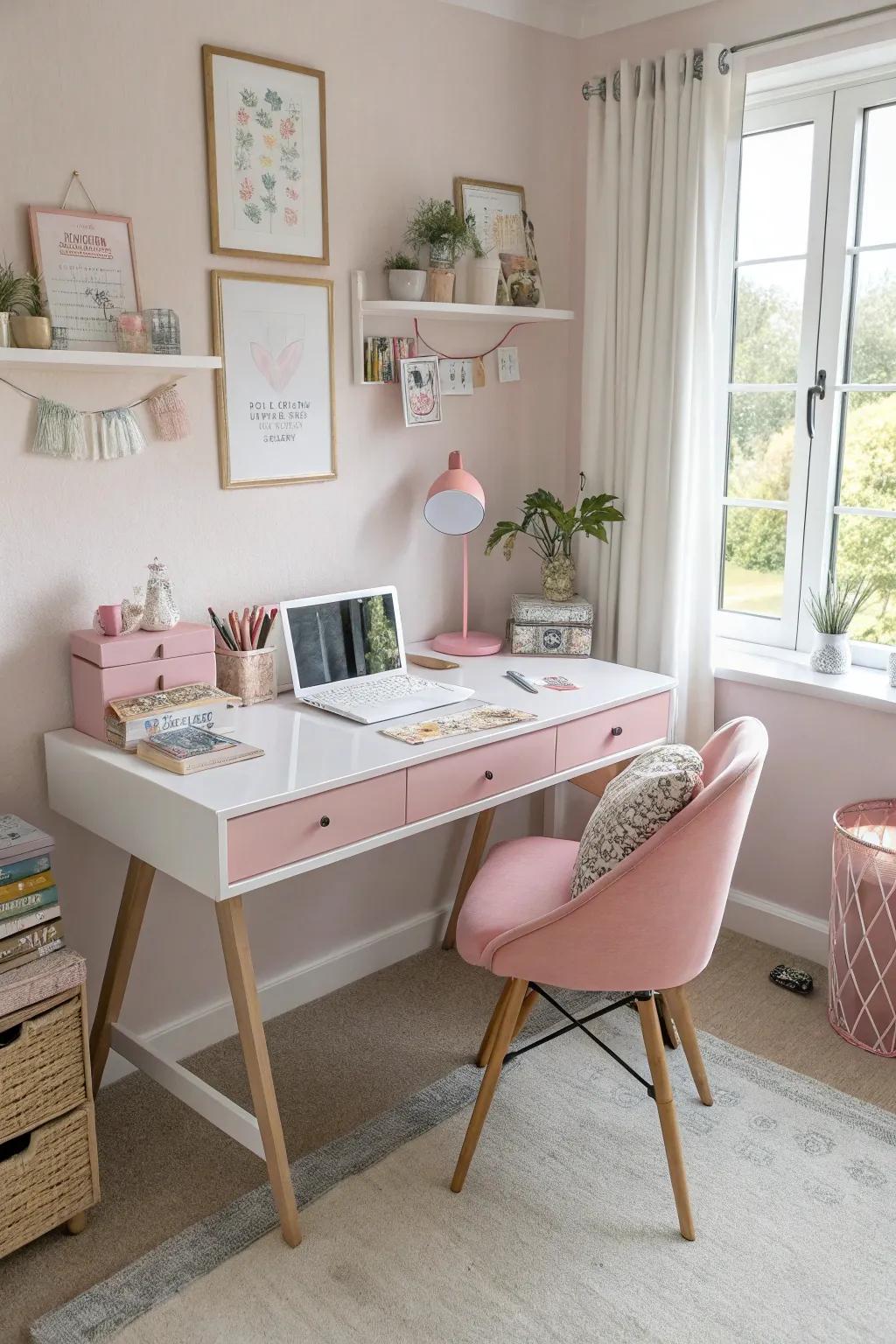 Pastel colors transform a simple desk into a serene and inviting workspace.