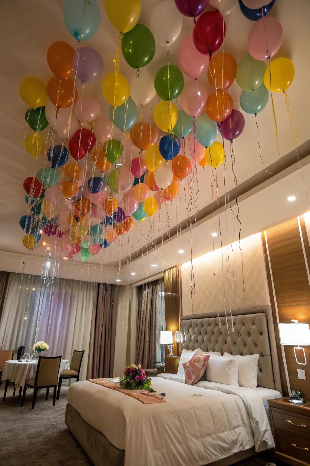 Wake up to a dreamy ceiling of floating balloons.