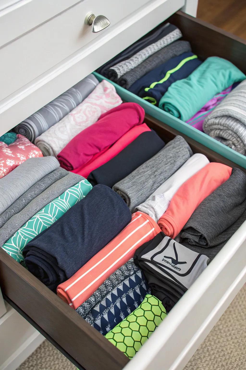 Workout clothes neatly folded using the KonMari method.