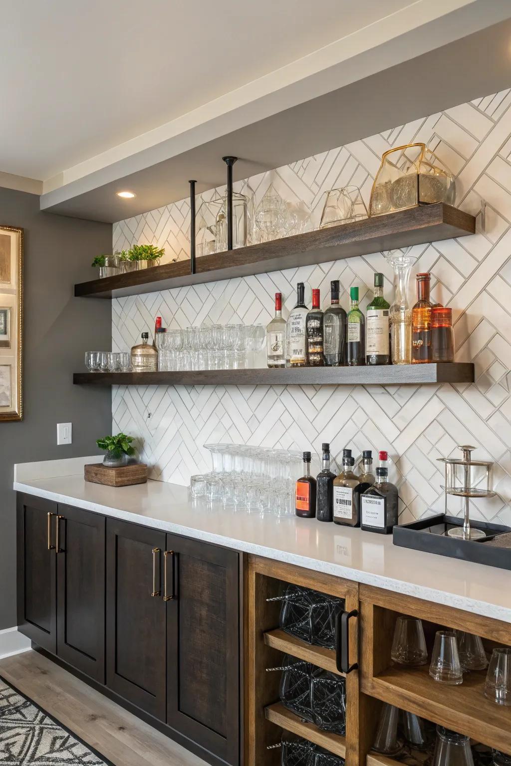 Floating shelves add elegance and functionality to your home bar.