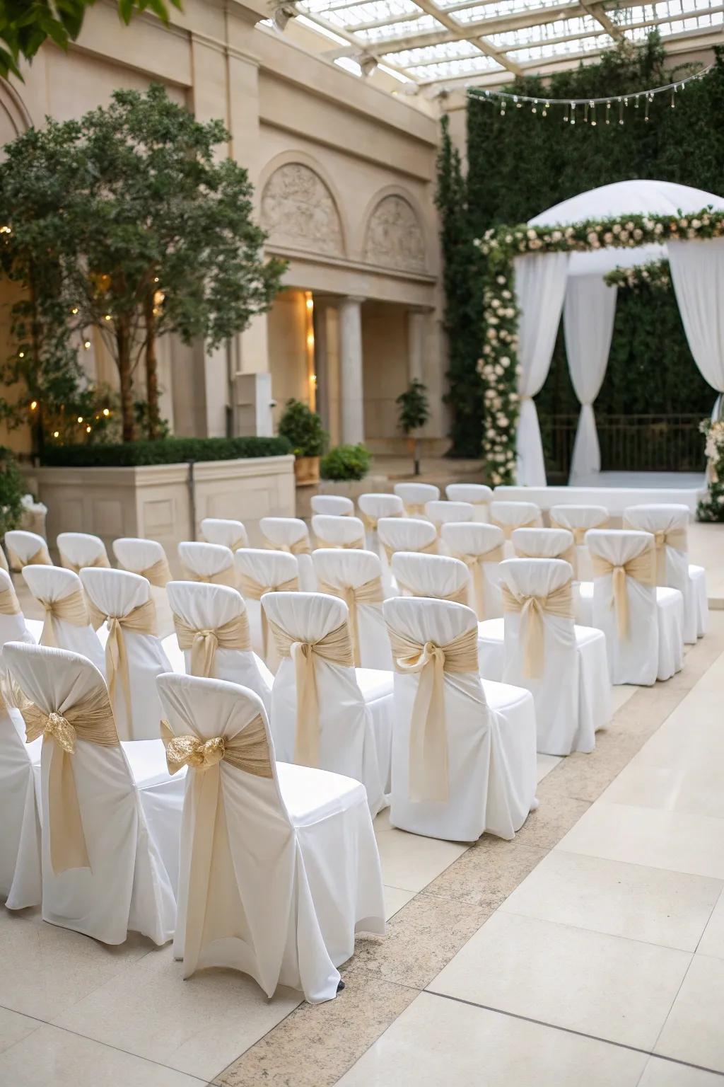 Timeless grace with white chair sheaths and bows.