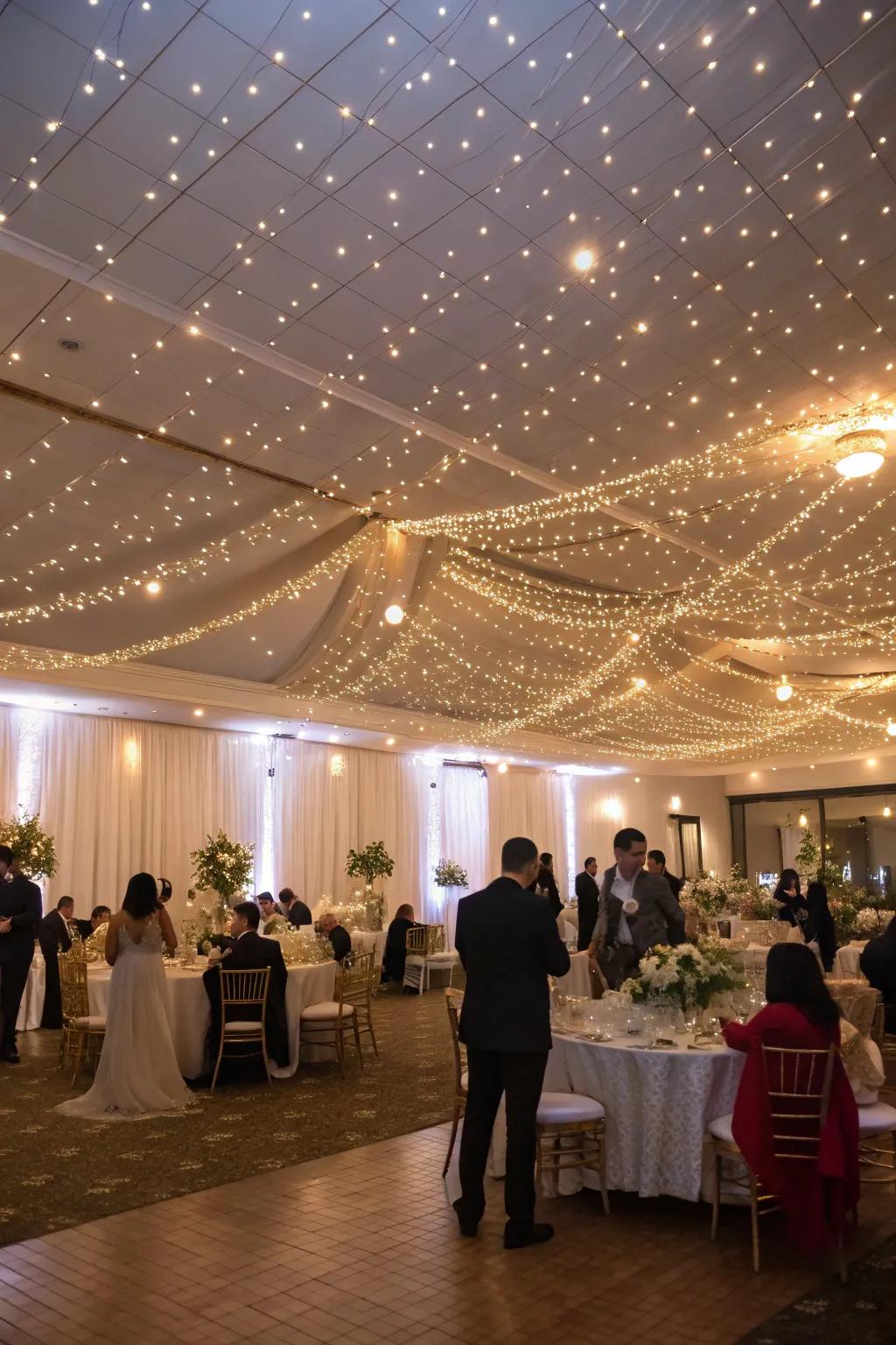 Indoor wedding gala exhibiting a starry night illusion through starry lights.