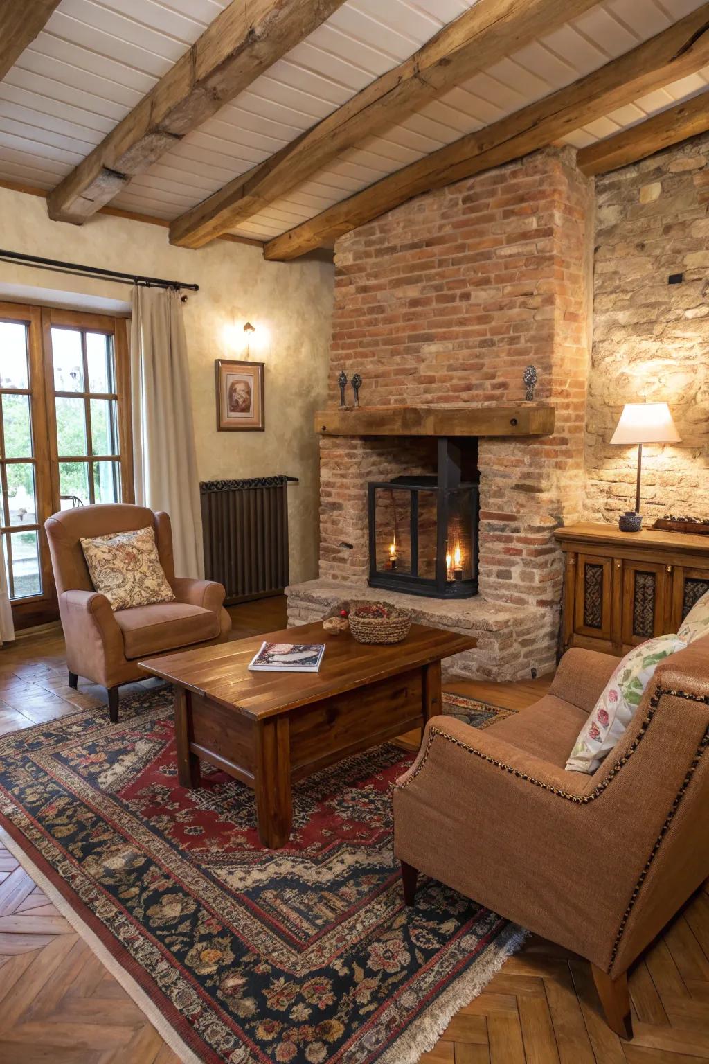 A country-style living space showcasing a brick surface and wooden features to evoke a welcoming atmosphere.