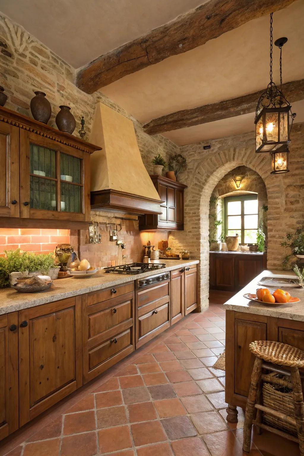 Natural tones and terracotta features craft a cozy Italian kitchen setting.