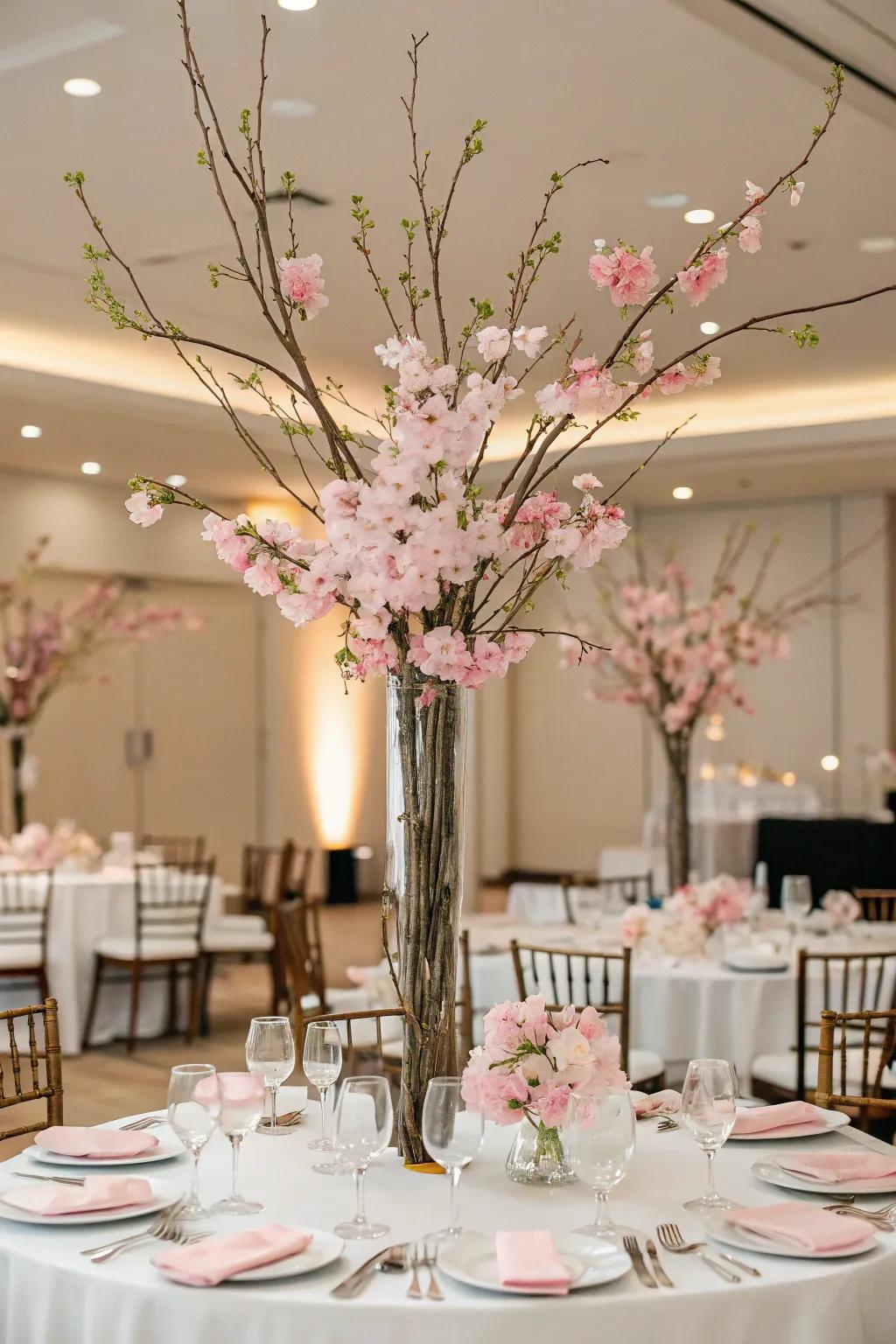 Cherry blossom centerpieces bring a touch of elegance.