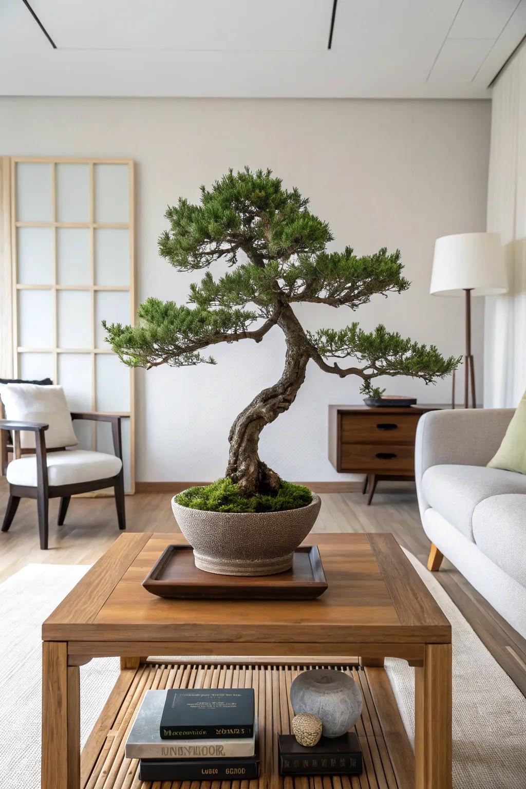 A formal upright juniper bonsai adding a touch of elegance to a minimalist living room.