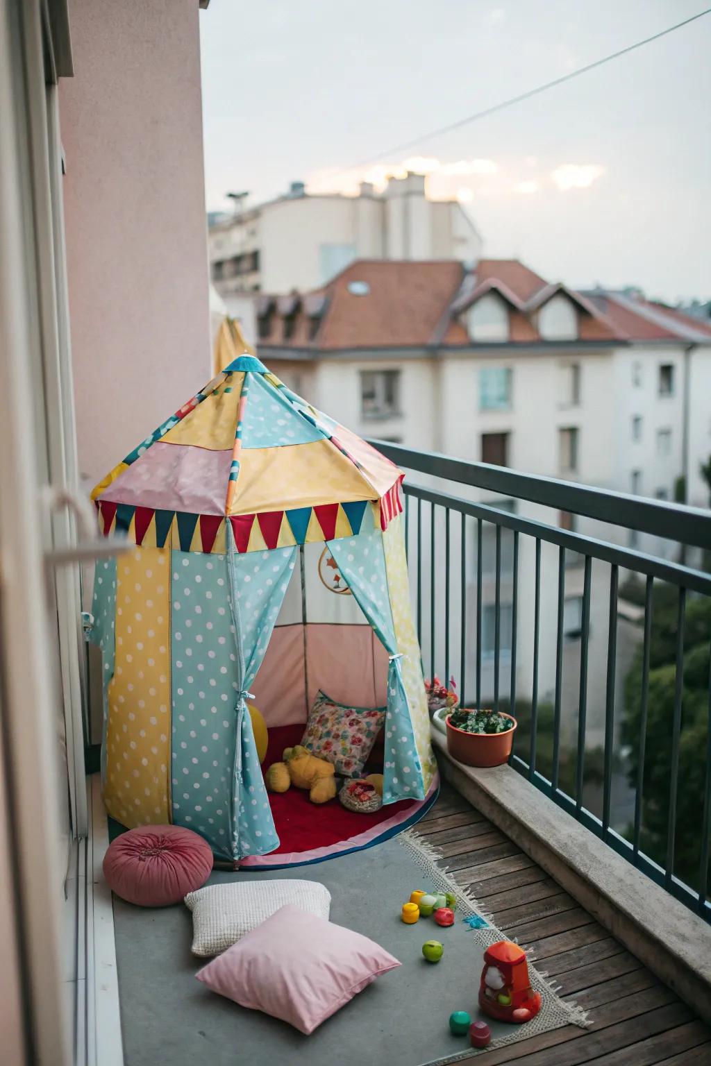 A bright play tent creates a fantastical hideaway for kids on the balcony.