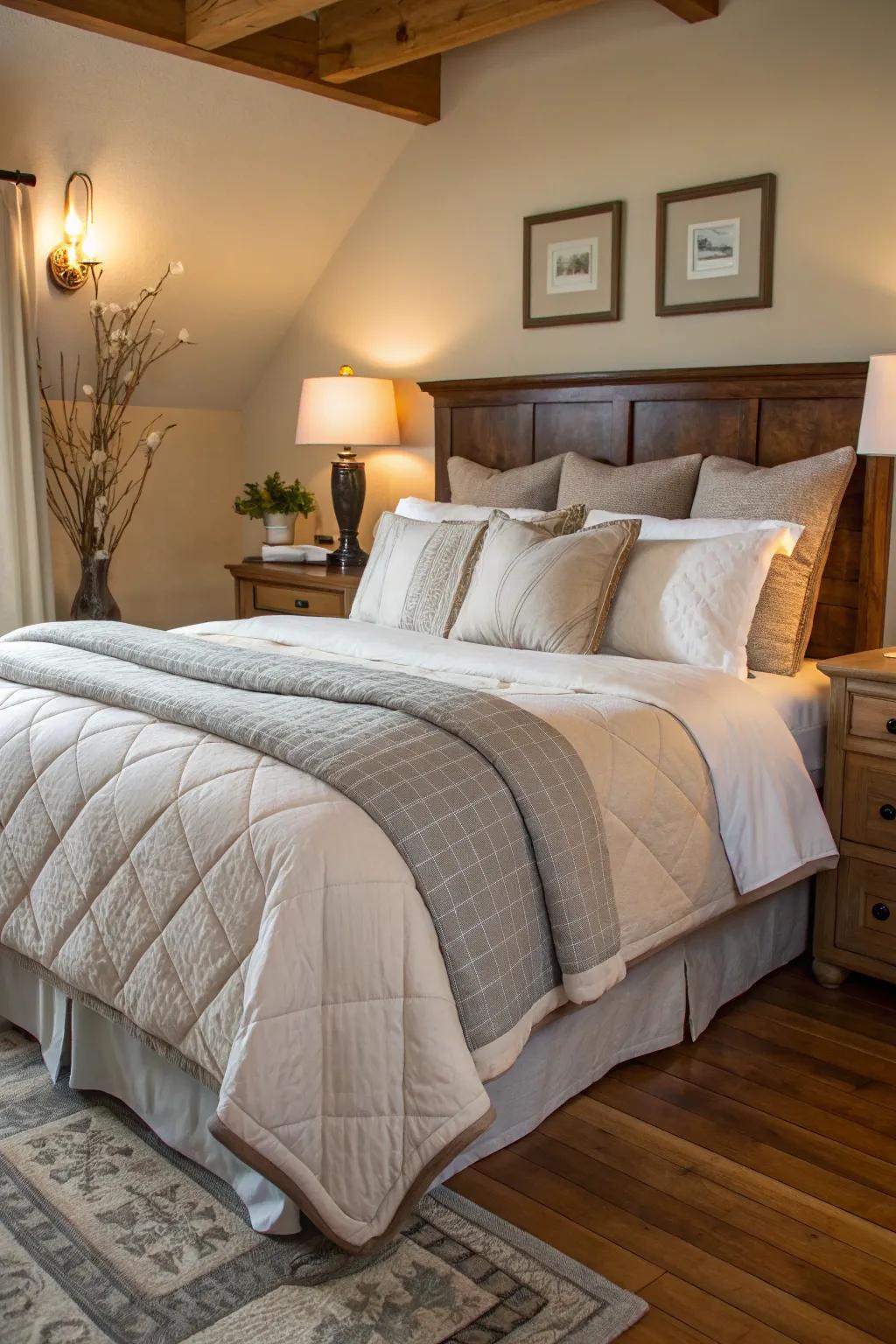 Layered bedding creates a depth of textures and warmth on this king-sized bed.