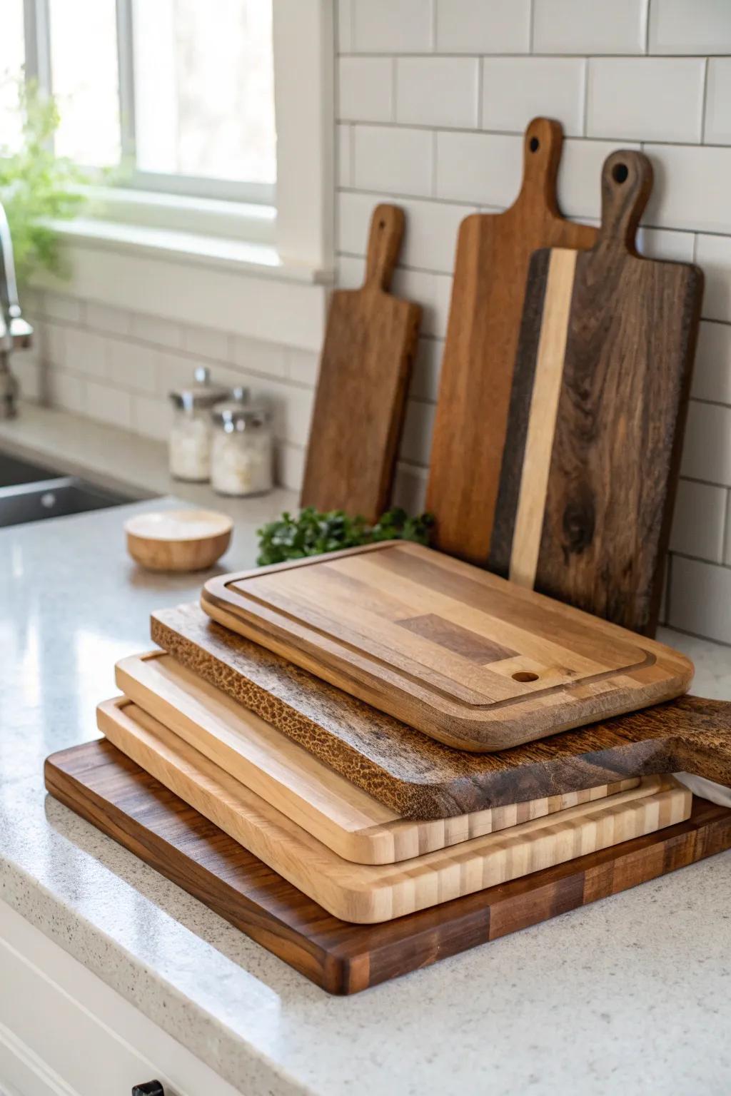 Stacked prep boards against a subtle backsplash amplify depth and visual appeal.