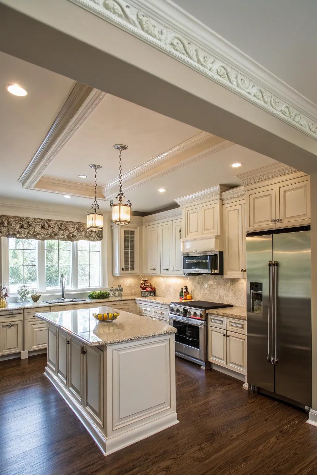 Crown molding that reaches the ceiling adds a refined touch.