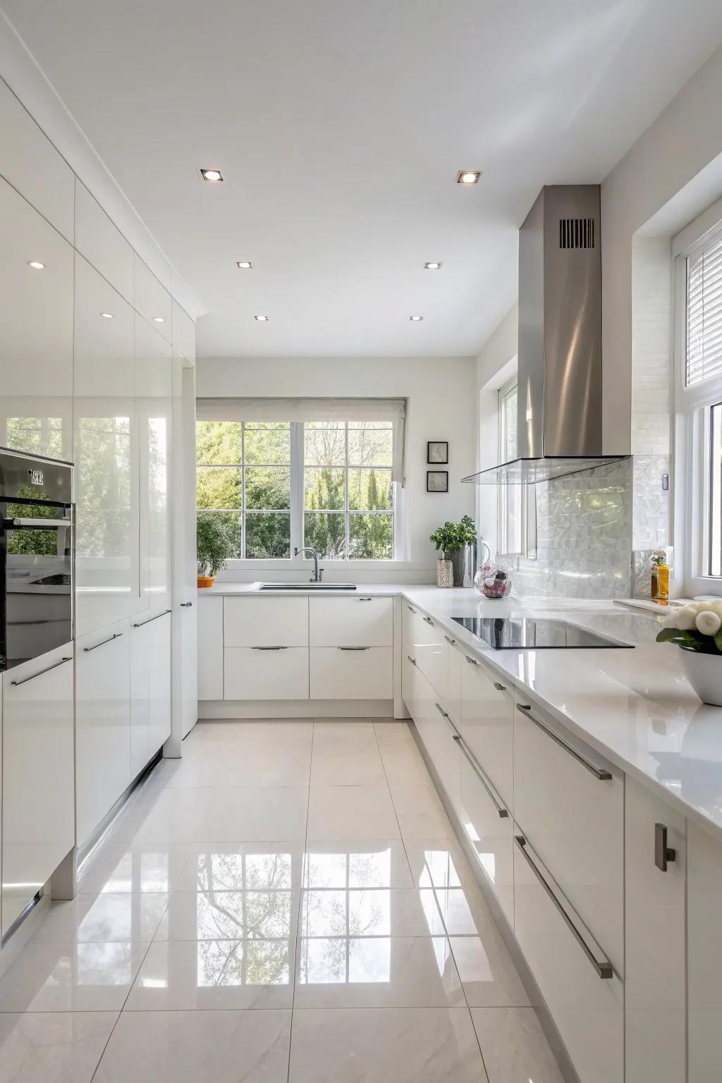 An all-white kitchen offers a timeless and elegant look.